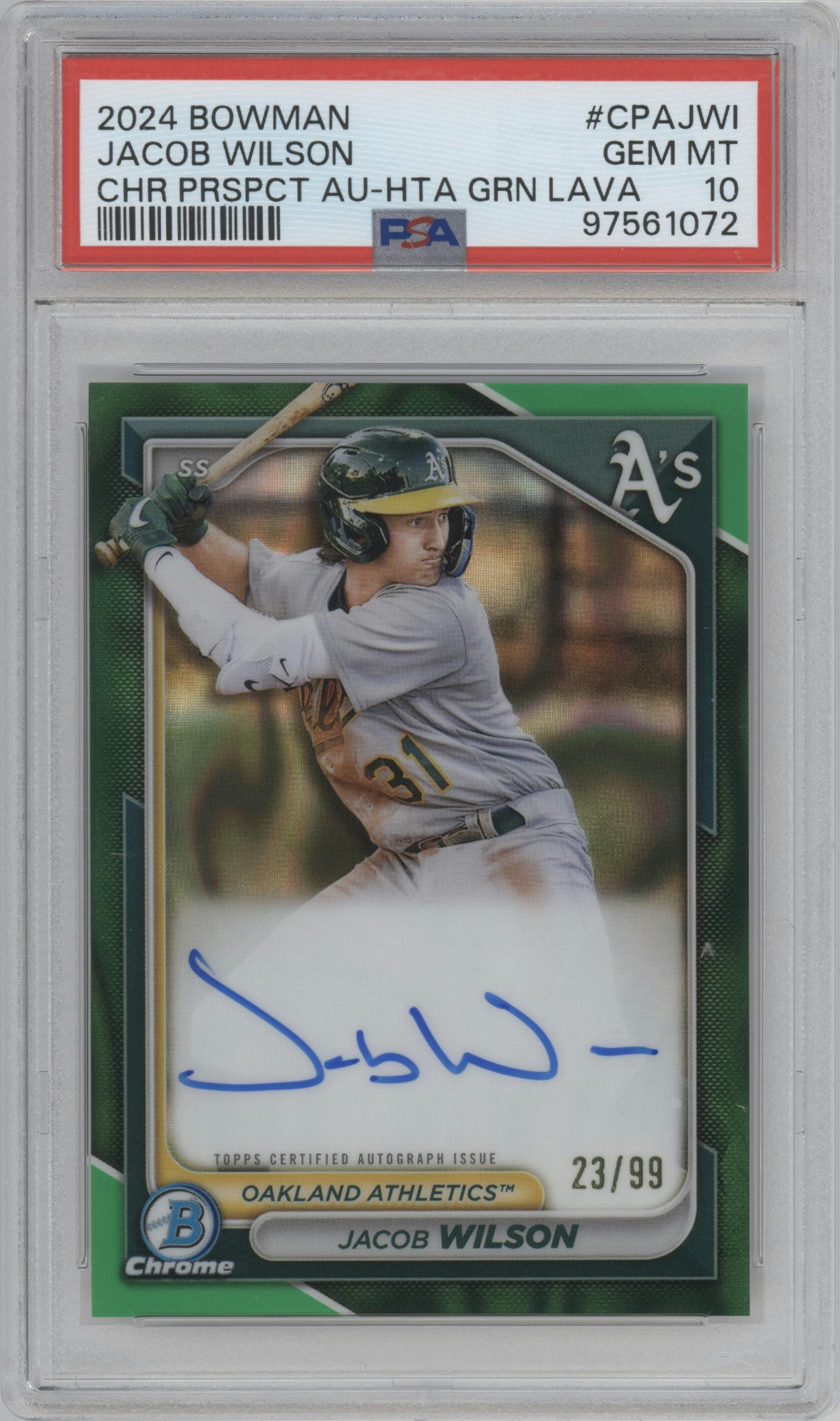 Jacob Wilson from the 2024 Bowman set featuring a HTA Green Lava Refractor parallel graded by PSA and given an overall grade of 10.