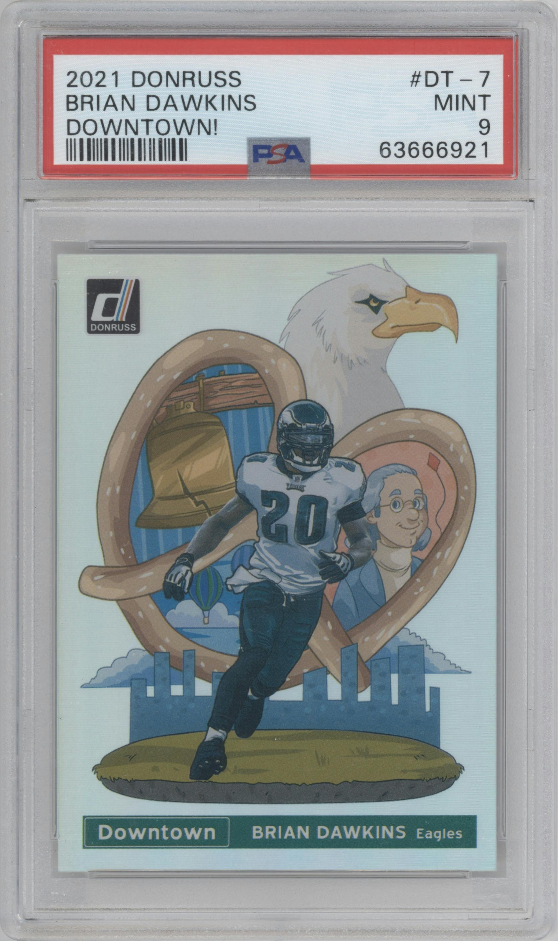 Brian Dawkins from the 2021 Panini Donruss set graded by PSA and given an overall grade of 9.