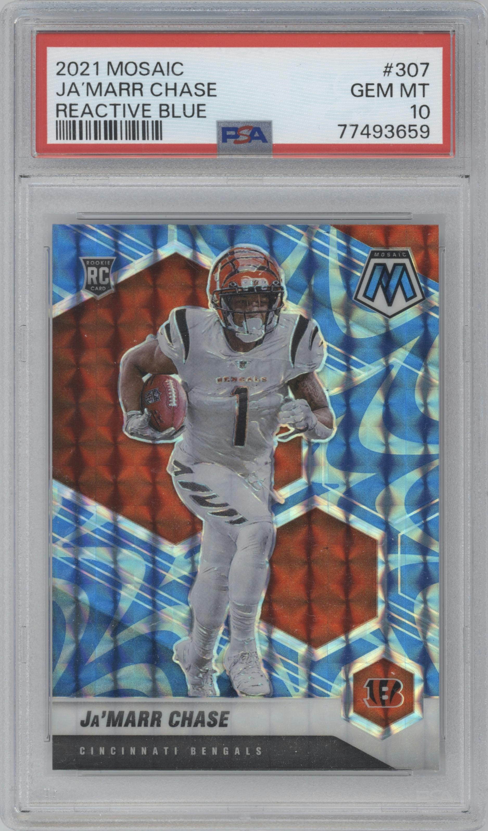 Ja'Marr Chase from the 2021 Panini Mosaic set featuring a Reactive Blue parallel graded by PSA and given an overall grade of 10.