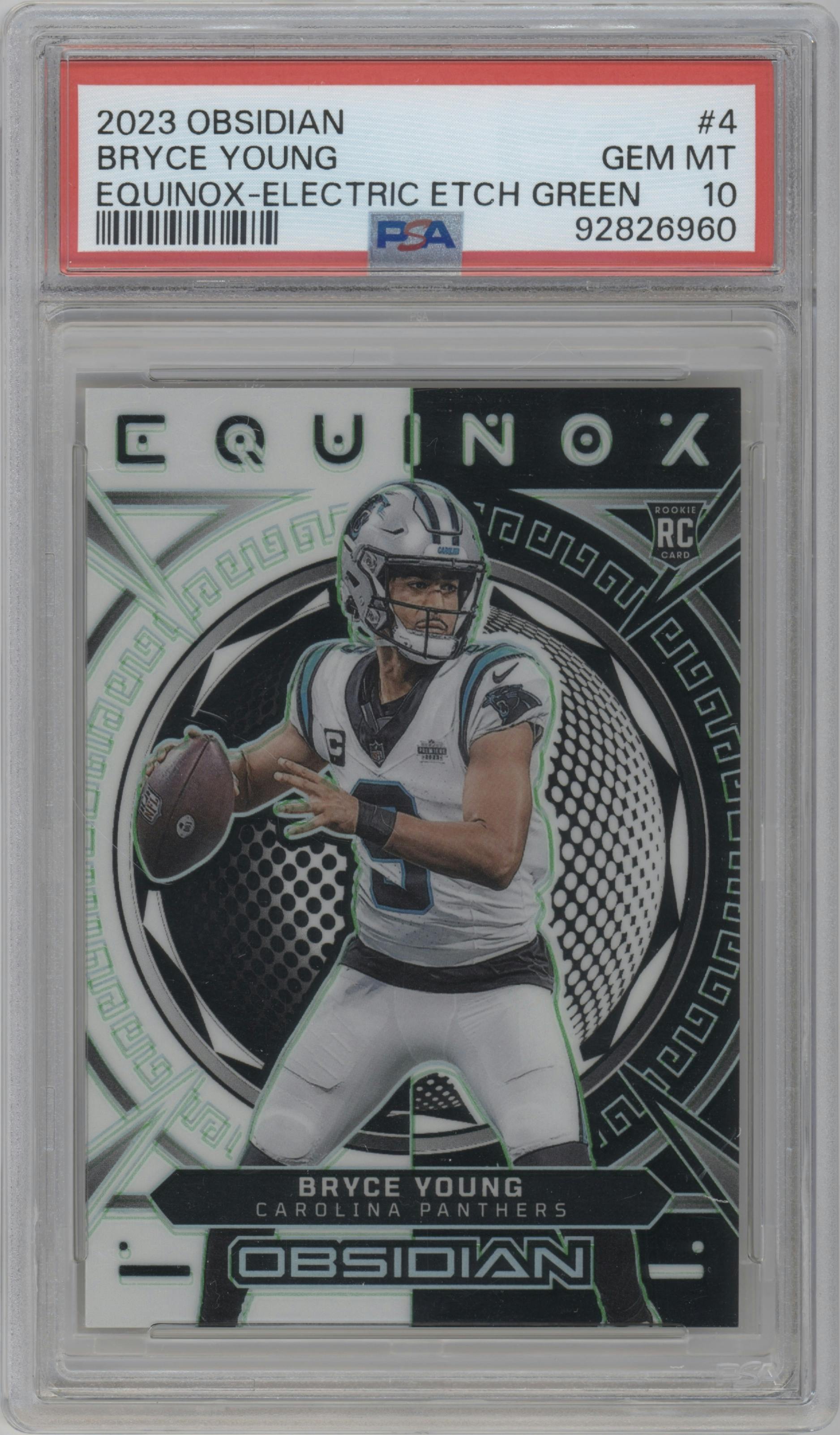 Bryce Young from the 2023 Panini Obsidian set featuring a Electric Etch Green  parallel graded by PSA and given an overall grade of 10.