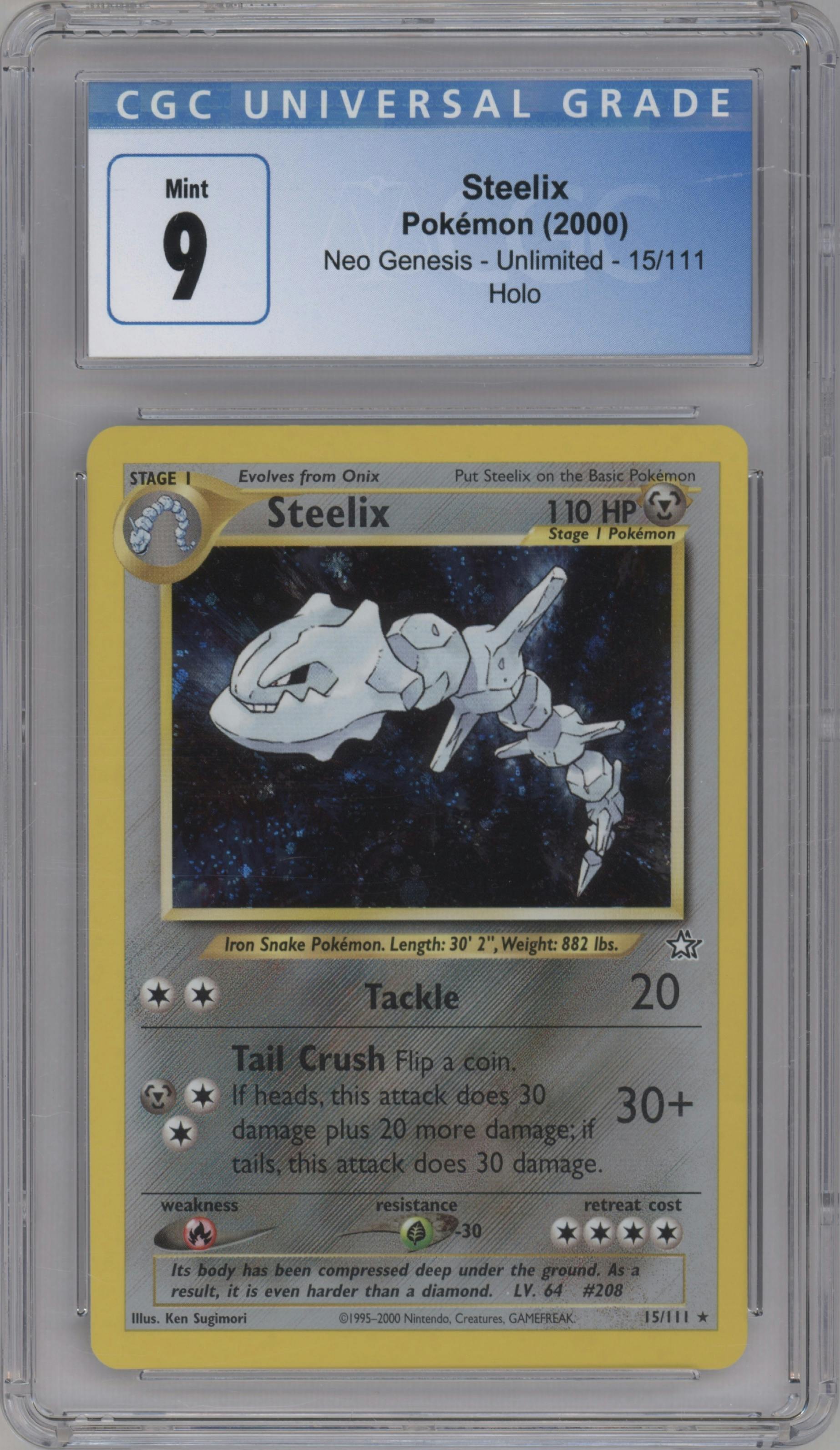 Steelix from the 2000 Pokemon Neo Genesis set graded by CSG and given an overall grade of 9.