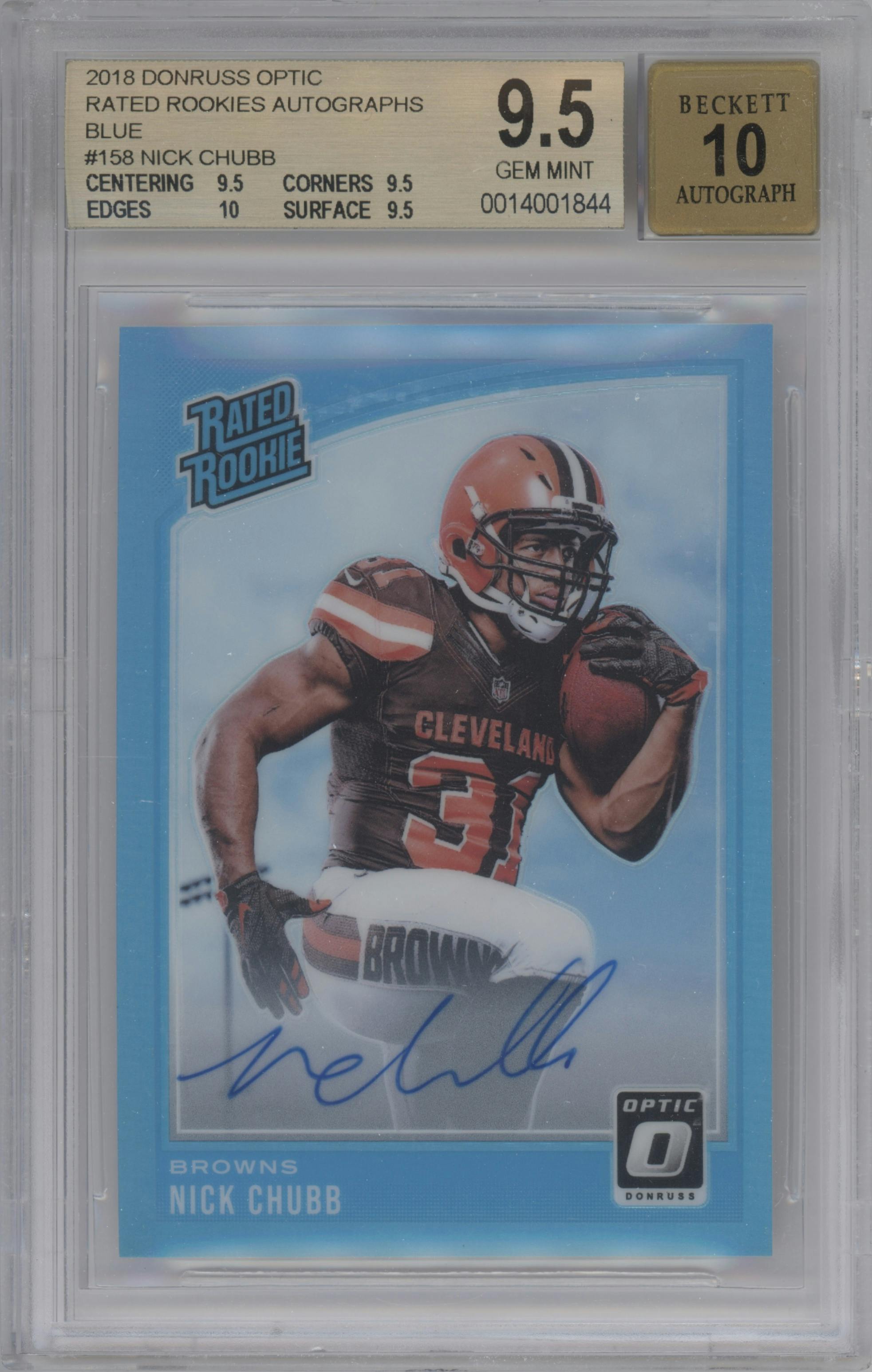 Nick Chubb from the 2018 Panini Donruss Optic set featuring a Blue parallel graded by Beckett and given an overall grade of 9.5.