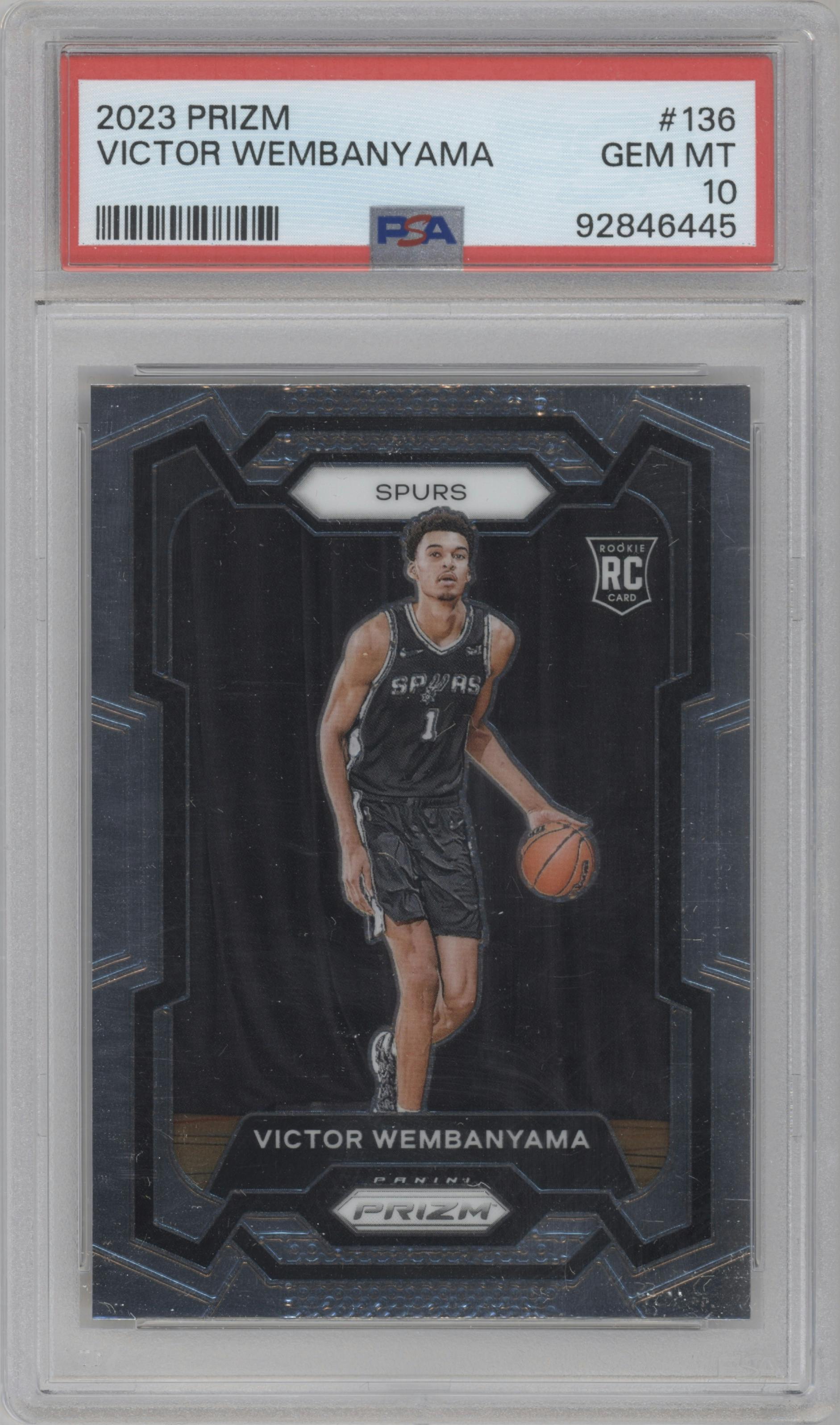 Victor Wembanyama from the 2023-24 Panini Prizm set graded by PSA and given an overall grade of 10.