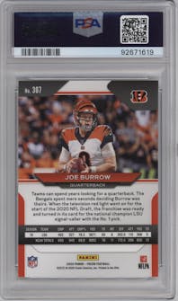 Joe Burrow from the 2020 Panini Prizm set graded by PSA and given an overall grade of 10.