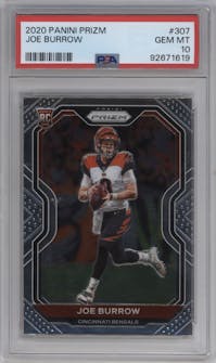 Joe Burrow from the 2020 Panini Prizm set graded by PSA and given an overall grade of 10.