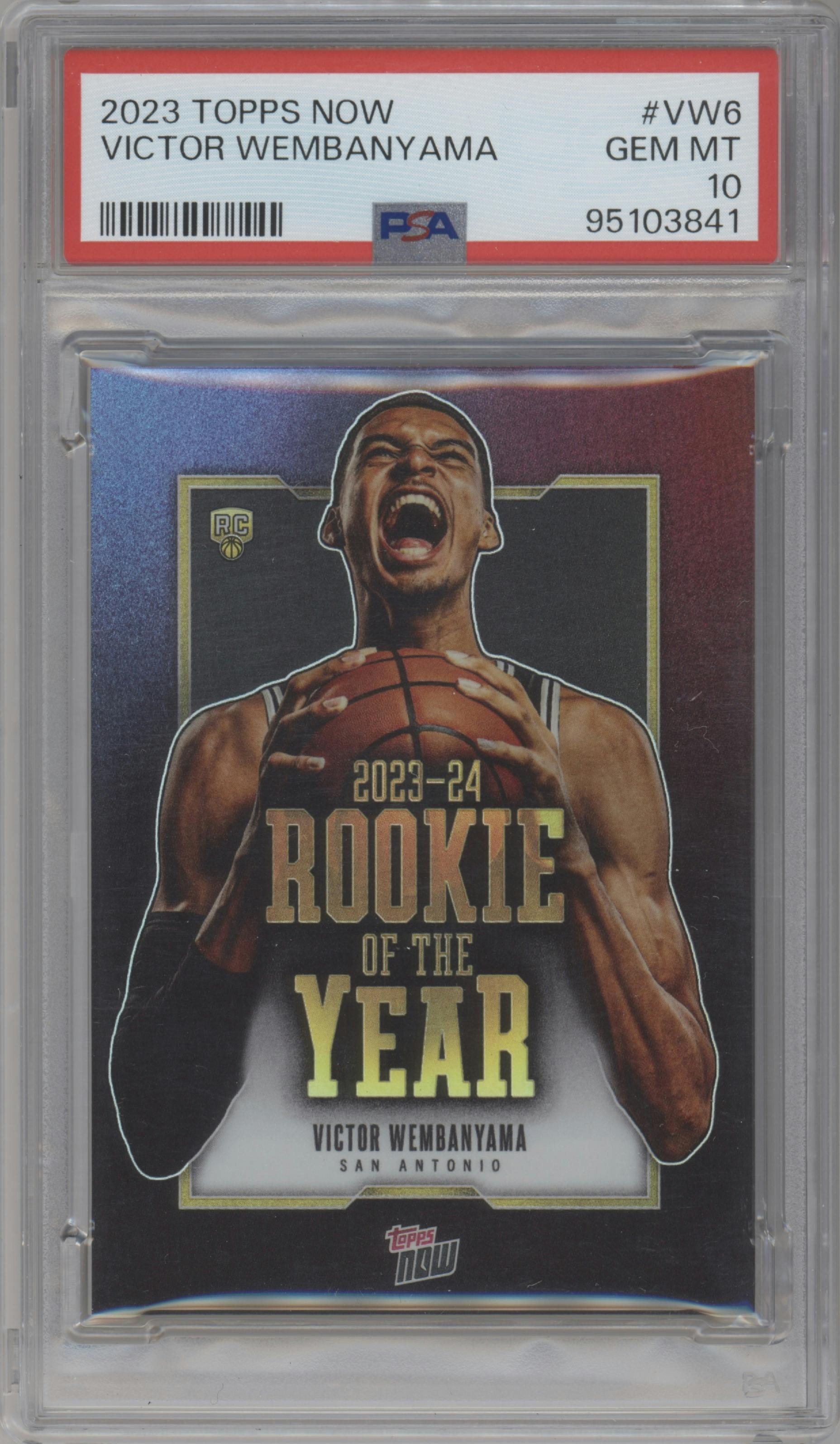 Victor Wembanyama from the 2023-24 Topps Now set graded by PSA and given an overall grade of 10.