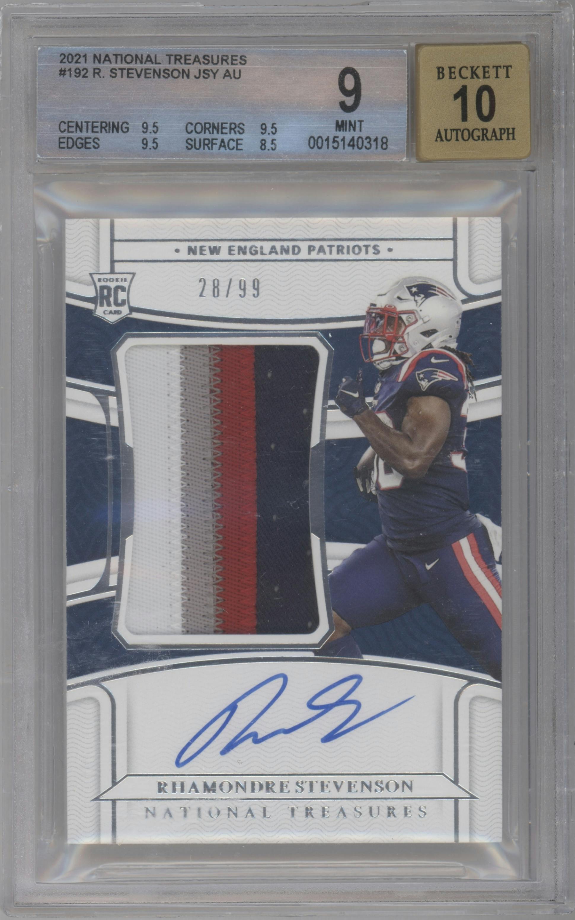 Rhamondre Stevenson from the 2021 Panini National Treasures set graded by Beckett and given an overall grade of 9.