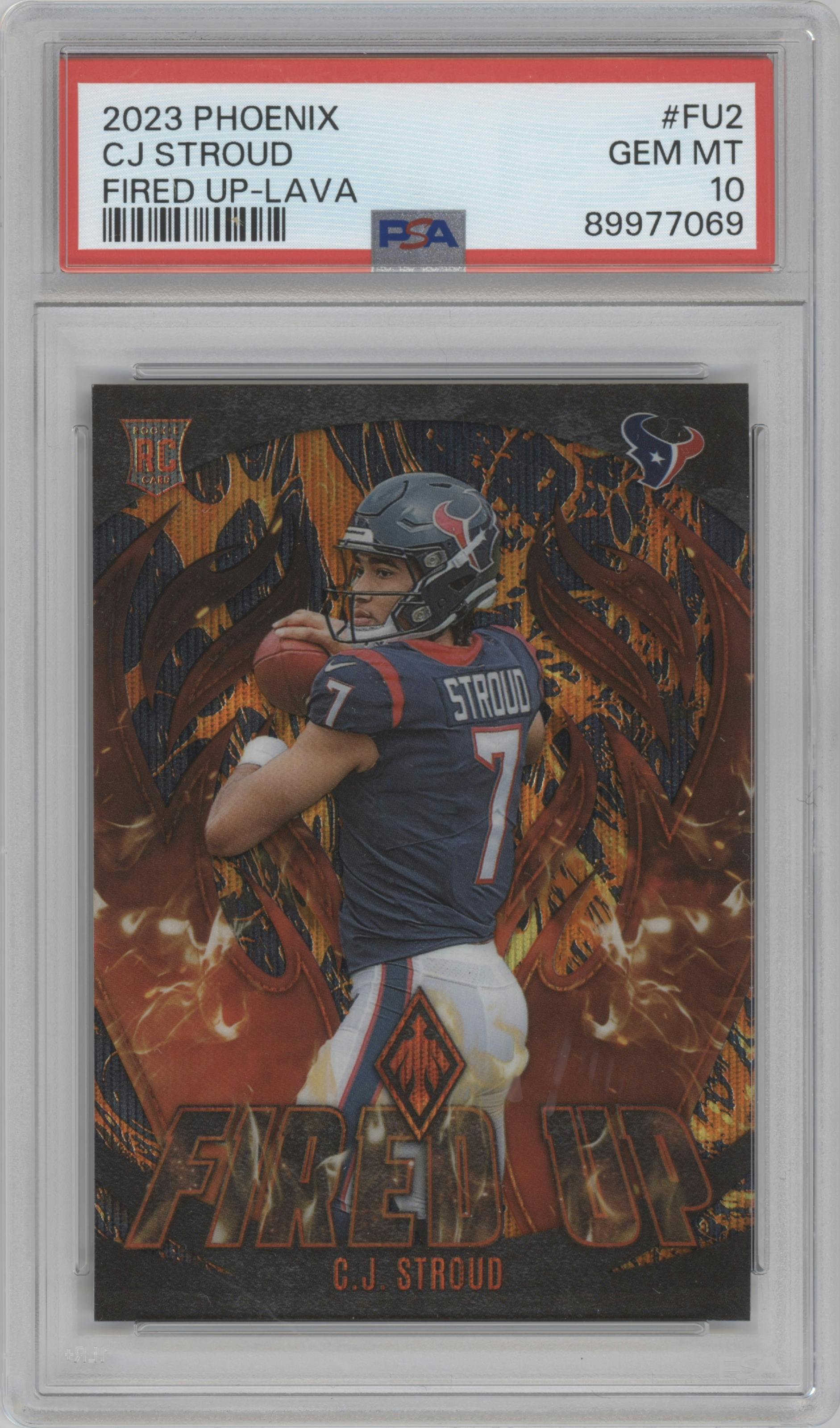 C.J. Stroud from the 2023 Panini Phoenix set featuring a Lava  parallel graded by PSA and given an overall grade of 10.