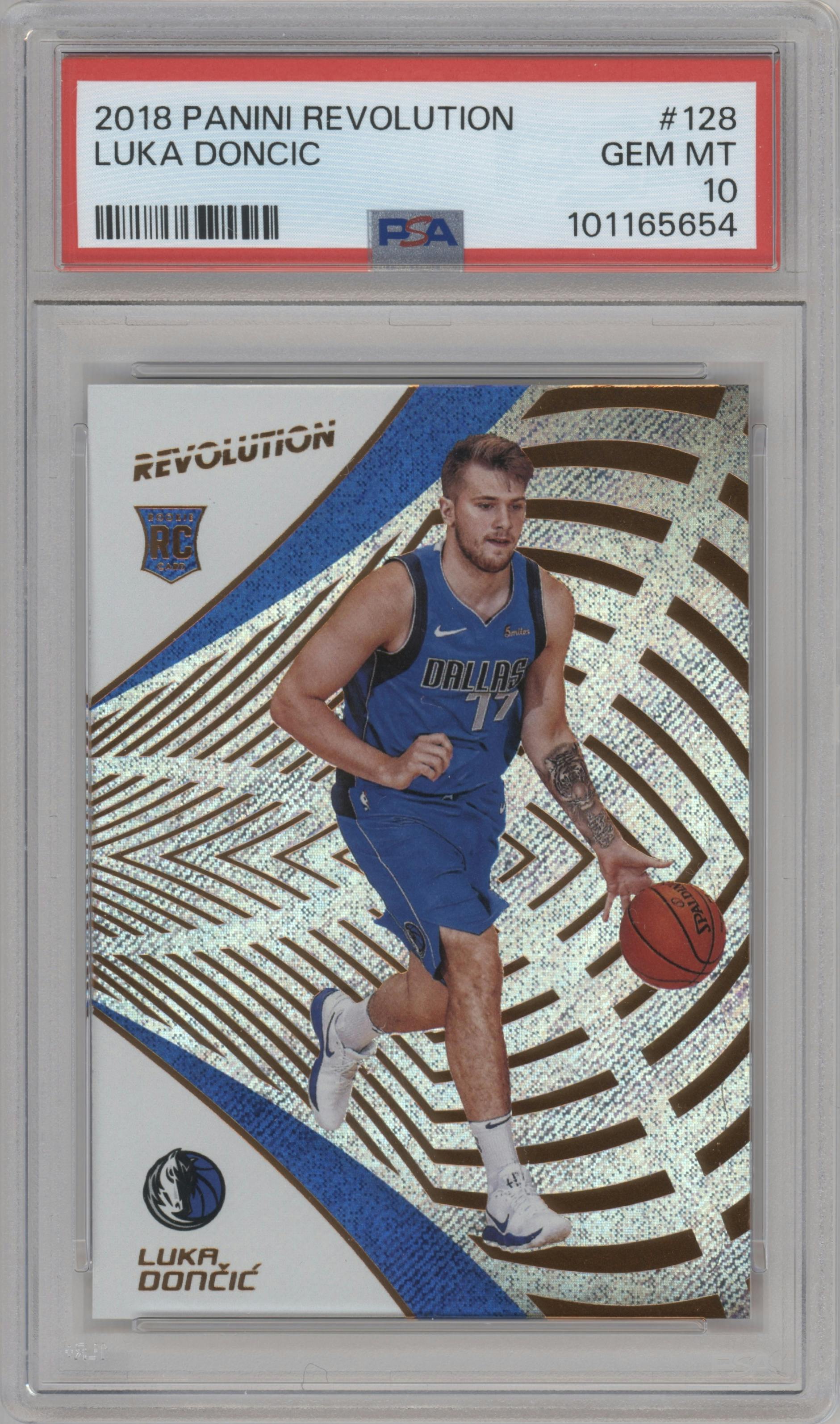 Luka Doncic from the 2018-19 Panini Revolution  set graded by PSA and given an overall grade of 10.