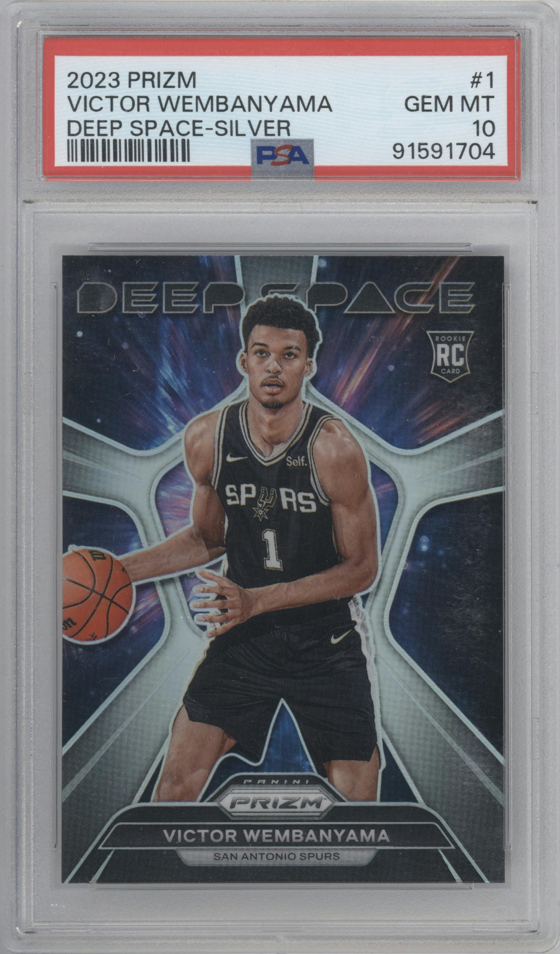 Victor Wembanyama from the 2023-24 Panini Prizm set featuring a Silver Prizm parallel graded by PSA and given an overall grade of 10.