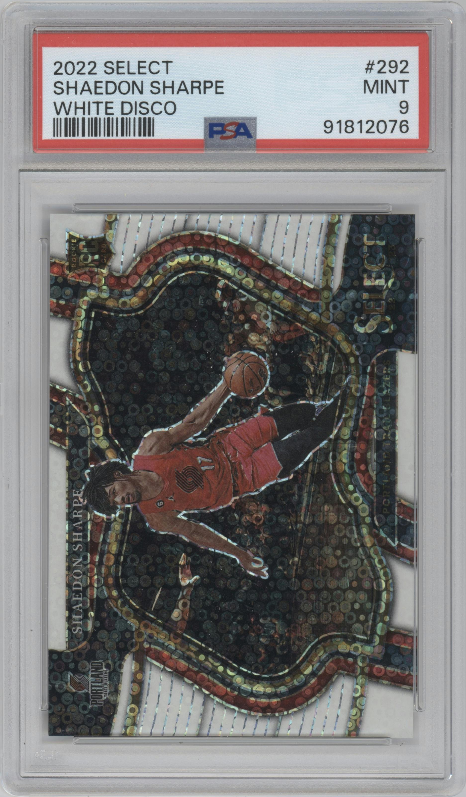 Shaedon Sharpe from the 2022-23 Panini Select set featuring a White Disco parallel graded by PSA and given an overall grade of 9.