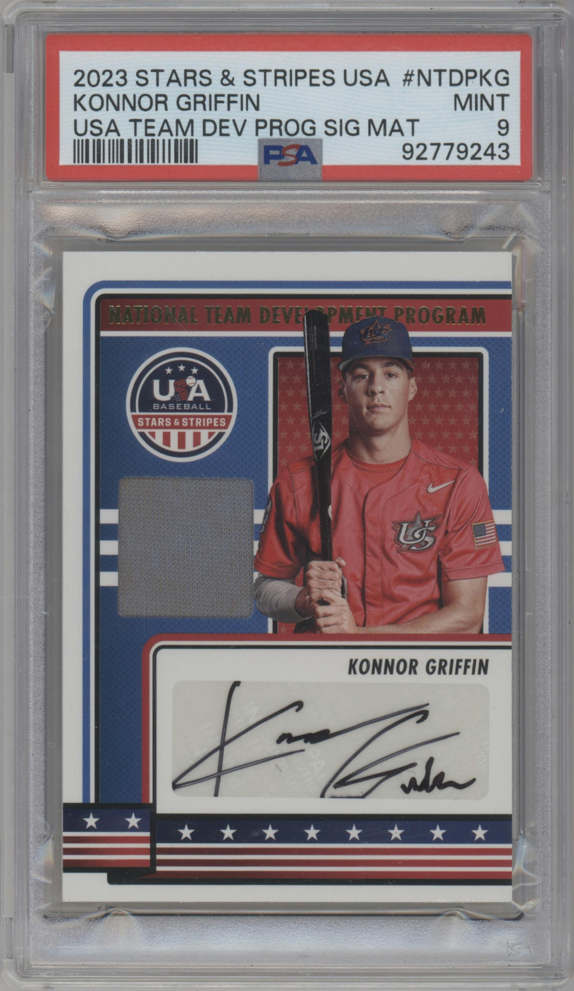 Konnor Griffin from the 2023 Panini Stars & Stripes USA set graded by PSA and given an overall grade of 9.