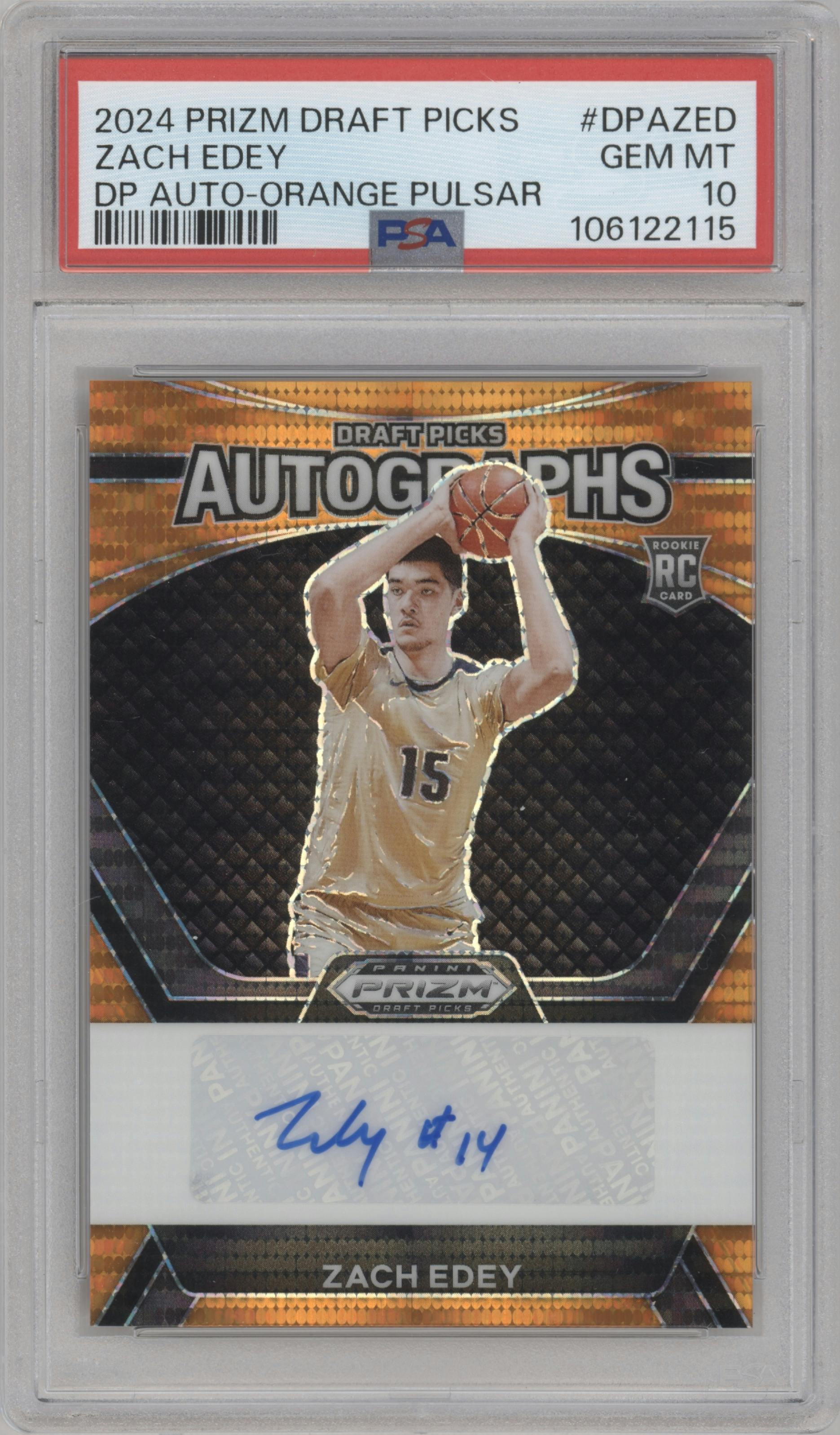 Zach Edey from the 2024 Panini Prizm Draft Picks set featuring a Orange Pulsar parallel graded by PSA and given an overall grade of 10.