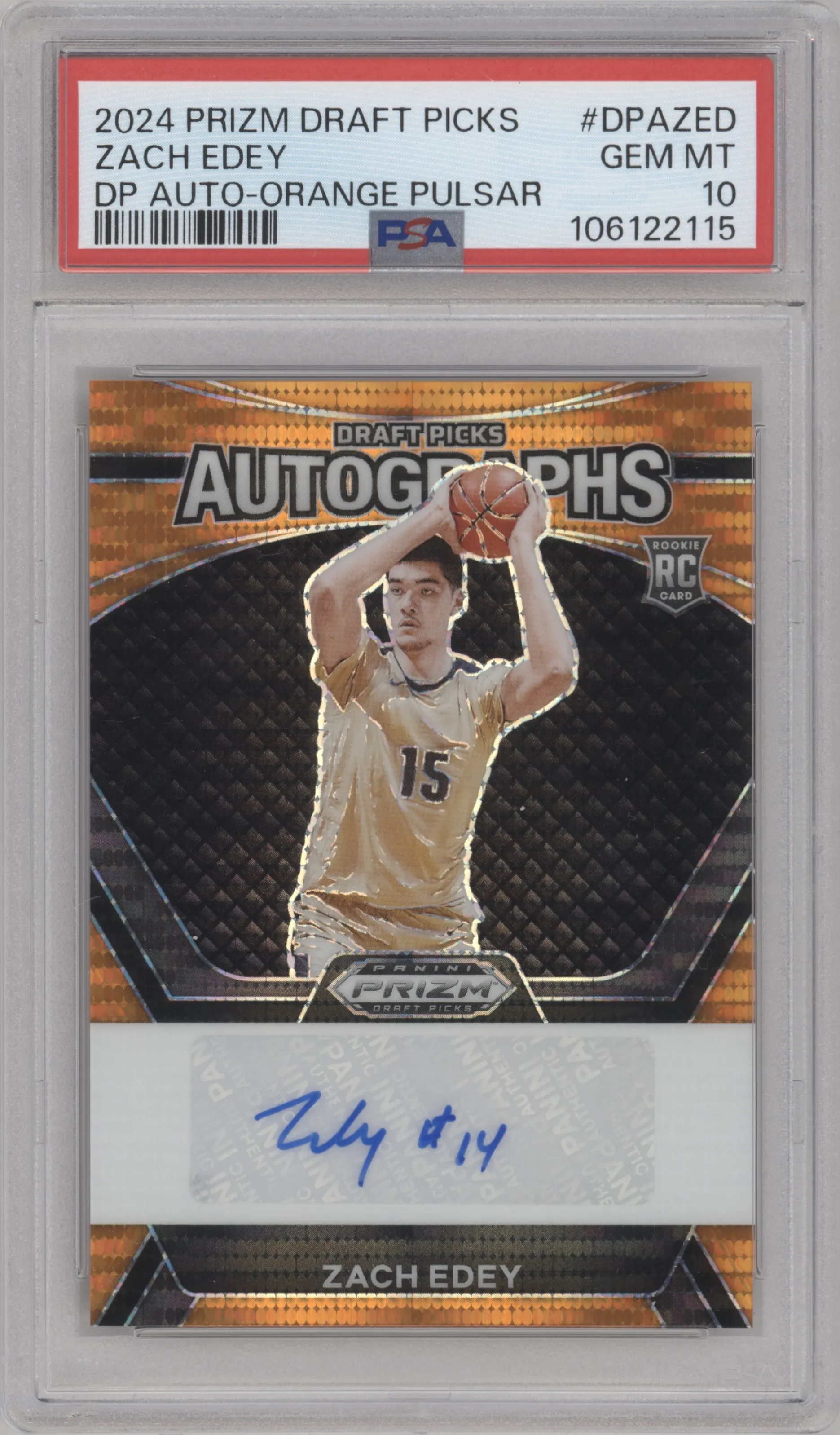 2024 Panini Prizm Draft Picks Draft Picks Auto Zach Edey Orange Pulsar #DPA-ZED PSA 10