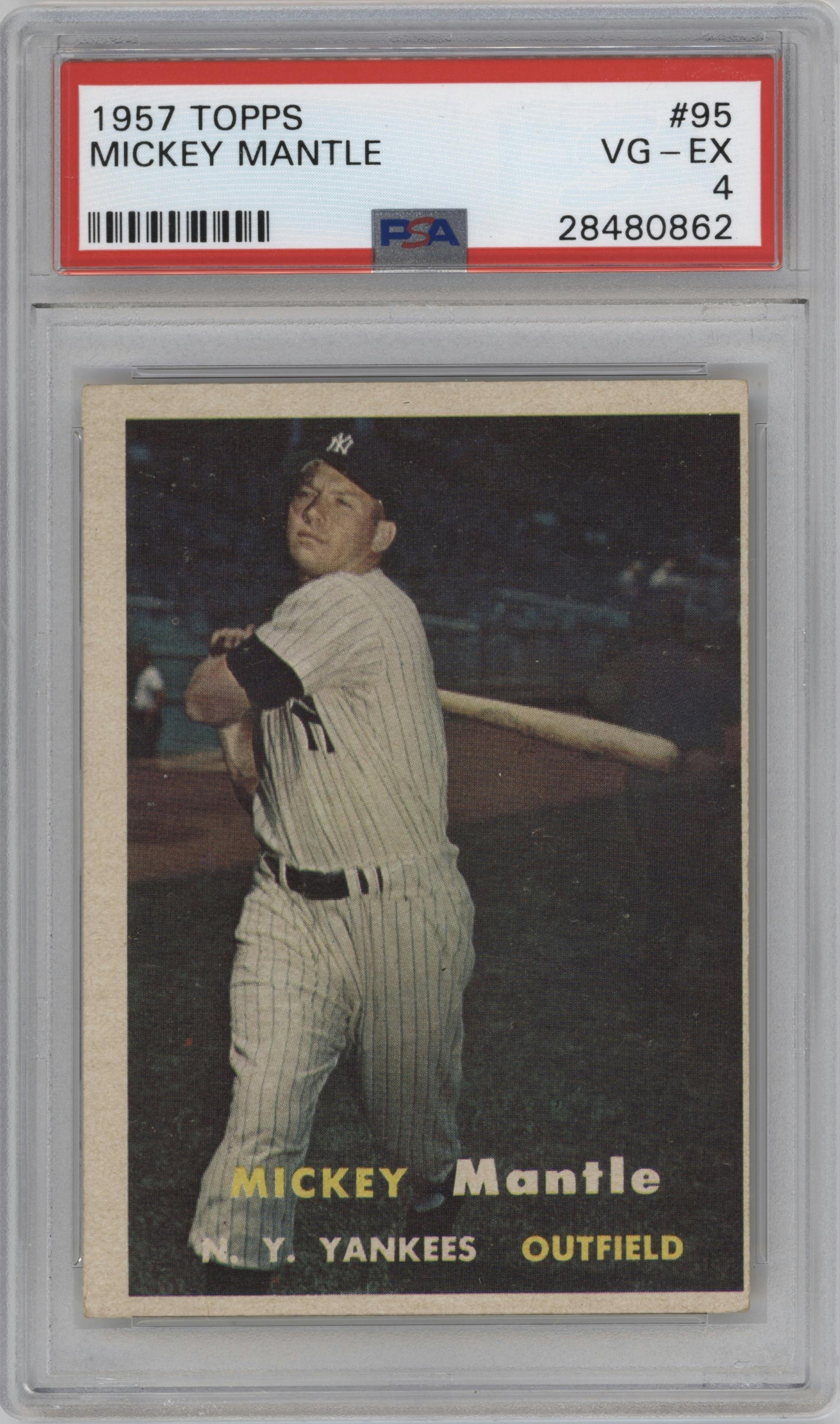 Mickey Mantle from the 1957 Topps set graded by PSA and given an overall grade of 4.