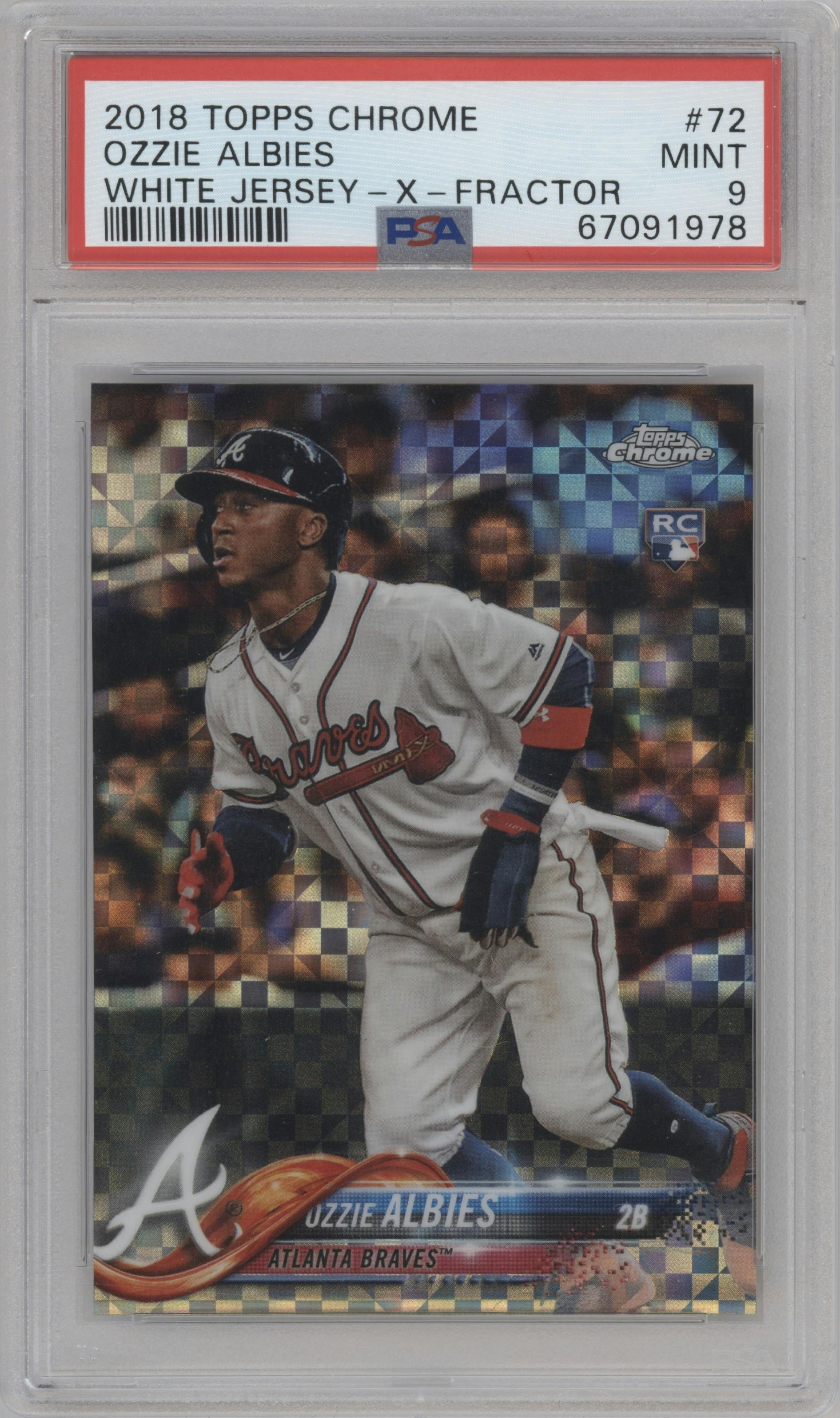 Ozzie Albies from the 2018 Topps Chrome set featuring a X-Fractor parallel graded by PSA and given an overall grade of 9.