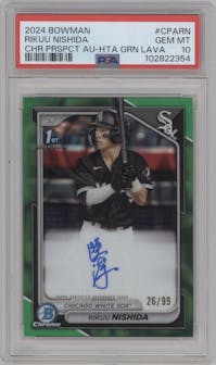 Rikuu Nishida from the 2024 Bowman Chrome set featuring a Green Lava Refractors parallel graded by PSA and given an overall grade of 10.