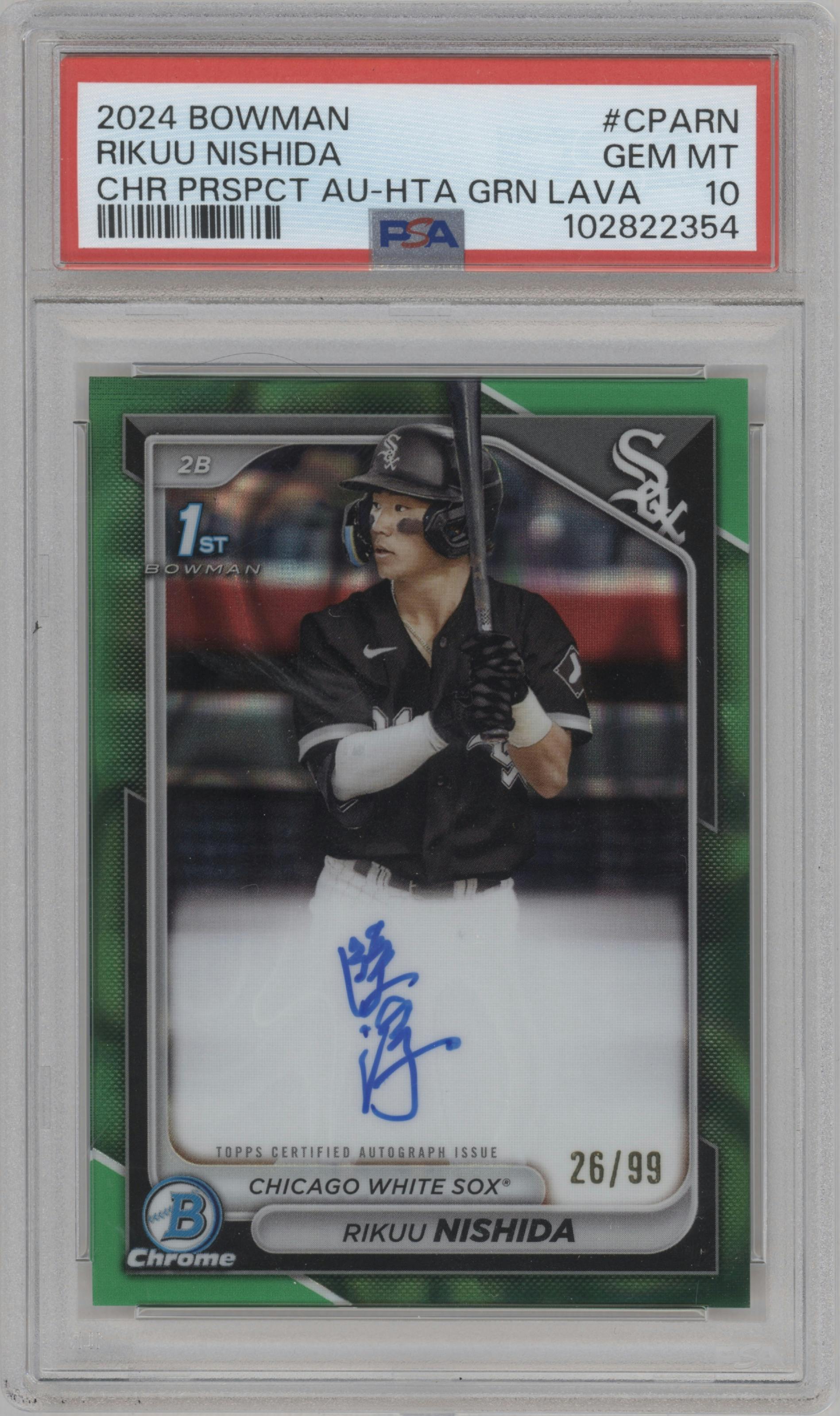 Rikuu Nishida from the 2024 Bowman Chrome set featuring a Green Lava Refractors parallel graded by PSA and given an overall grade of 10.