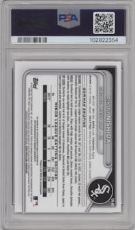 Rikuu Nishida from the 2024 Bowman Chrome set featuring a Green Lava Refractors parallel graded by PSA and given an overall grade of 10.
