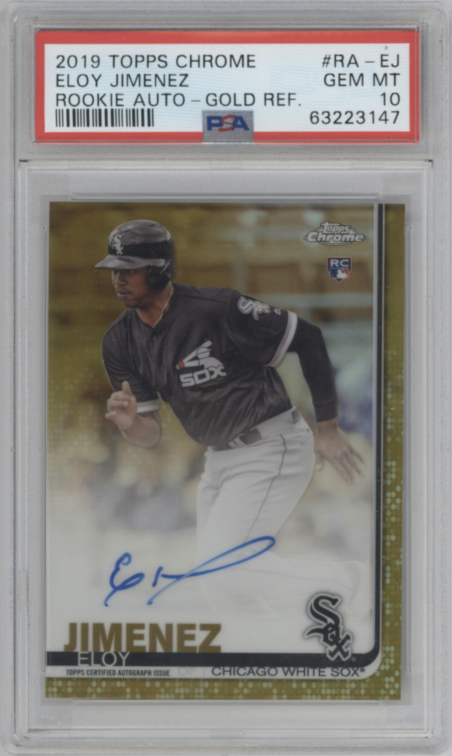Eloy Jimenez from the 2019 Topps Chrome set featuring a Gold Refractor parallel graded by PSA and given an overall grade of 10.