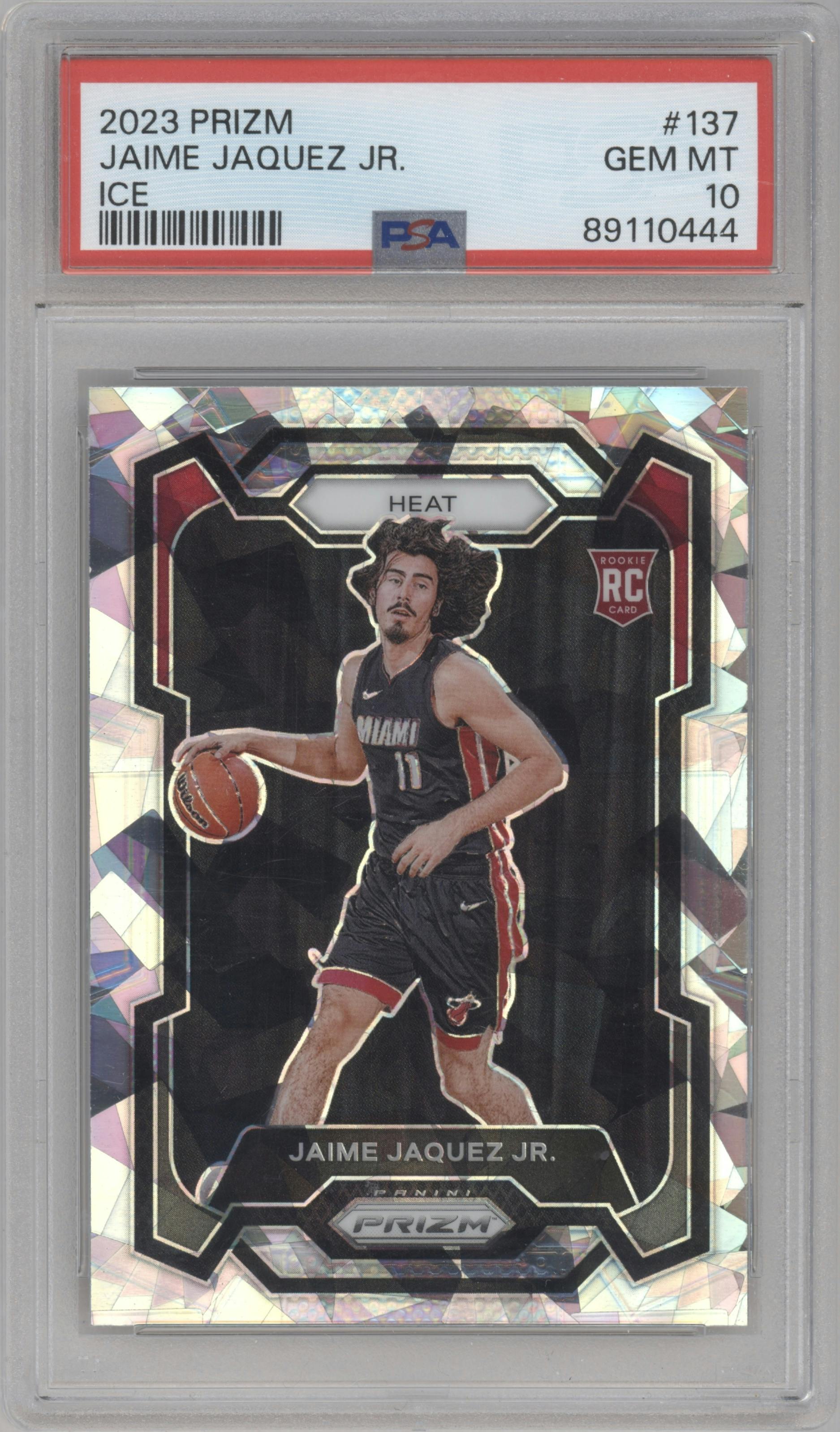 Jaime Jaquez Jr. from the 2023-24 Panini Prizm set featuring a Ice Prizm parallel graded by PSA and given an overall grade of 10.