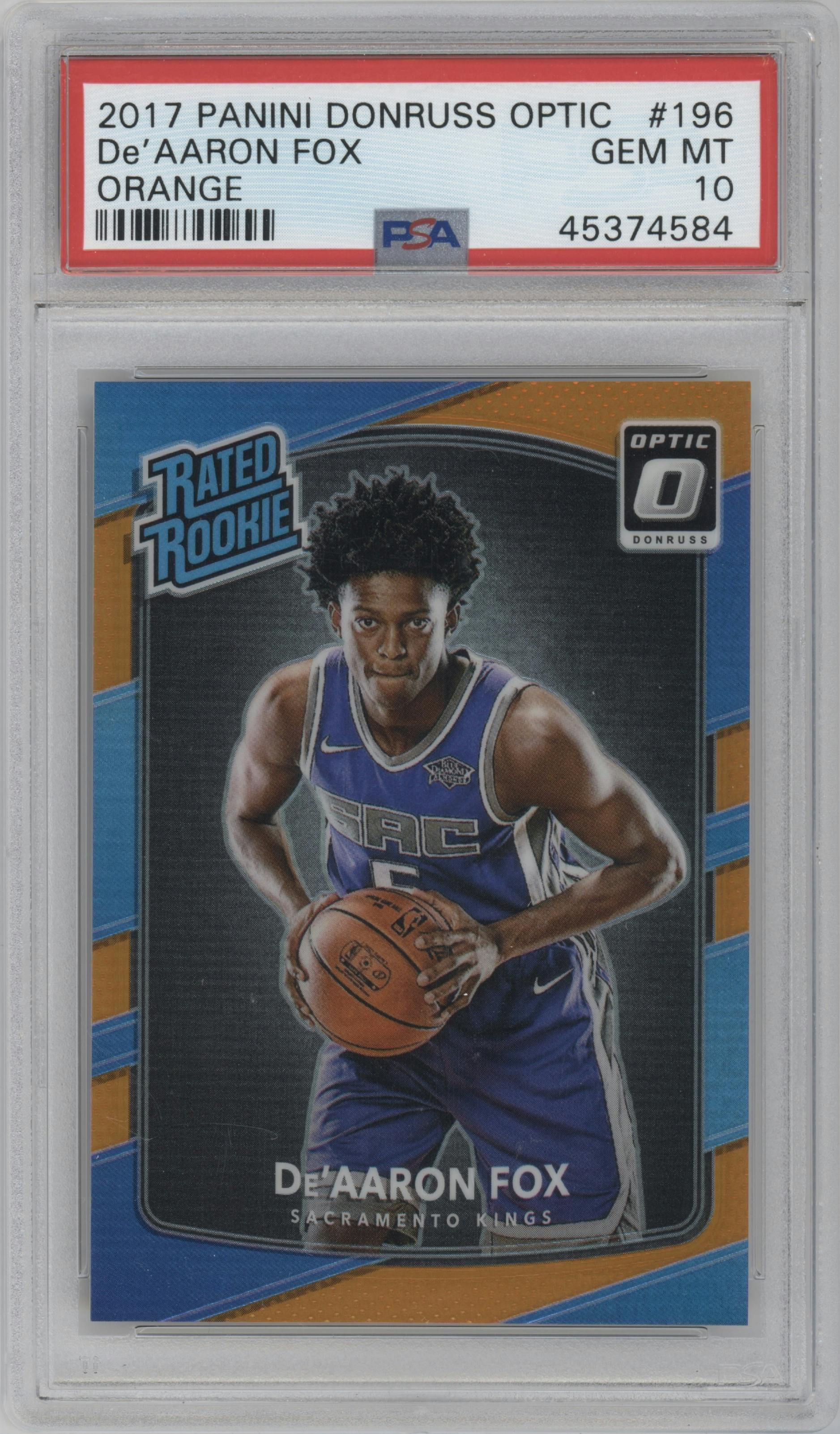 De'Aaron Fox from the 2017-18 Panini Donruss Optic set featuring a Orange parallel graded by PSA and given an overall grade of 10.