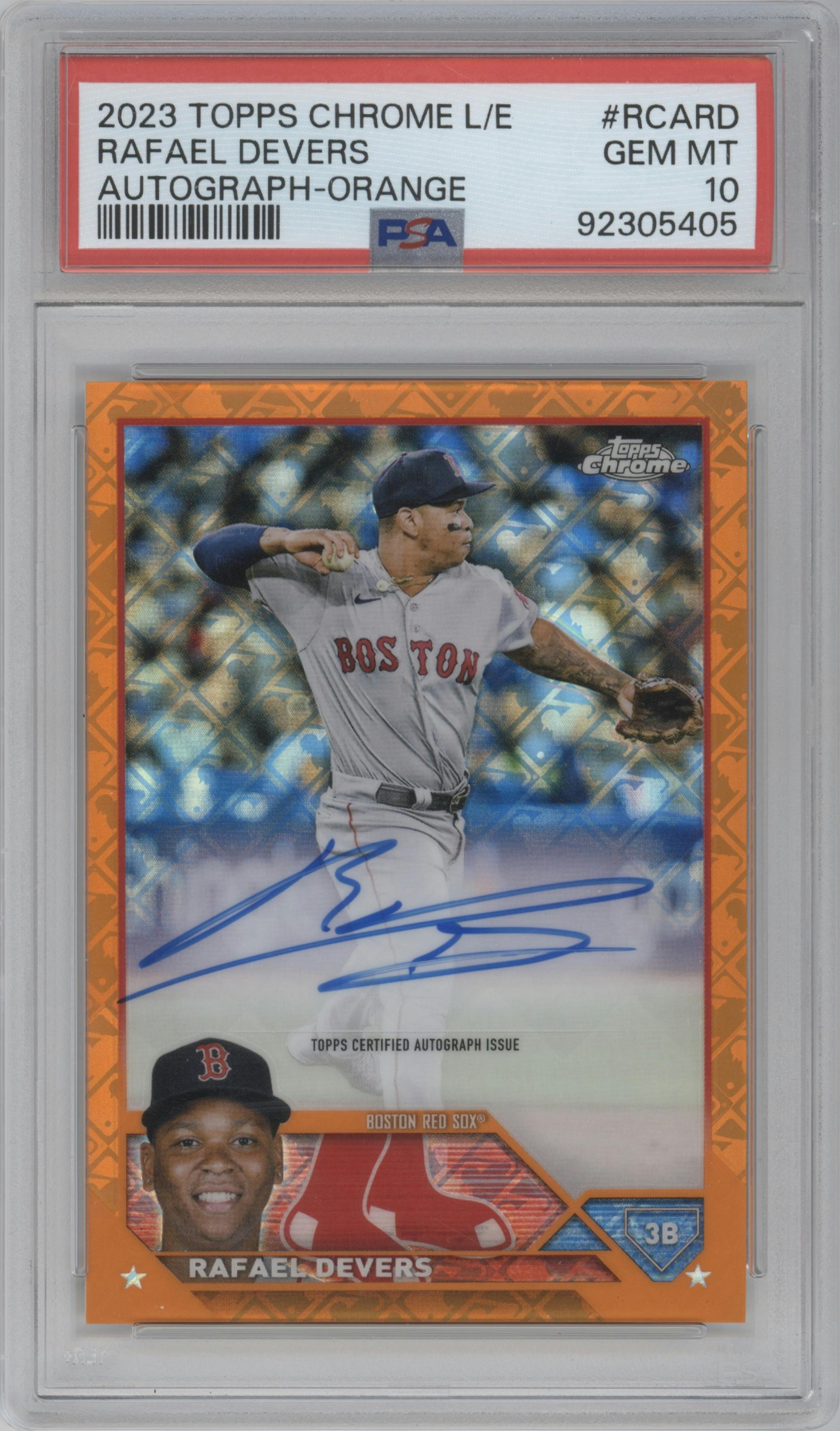 Rafael Devers from the 2023 Topps Chrome Logofractor Edition set featuring a Orange Refractor parallel graded by PSA and given an overall grade of 10.