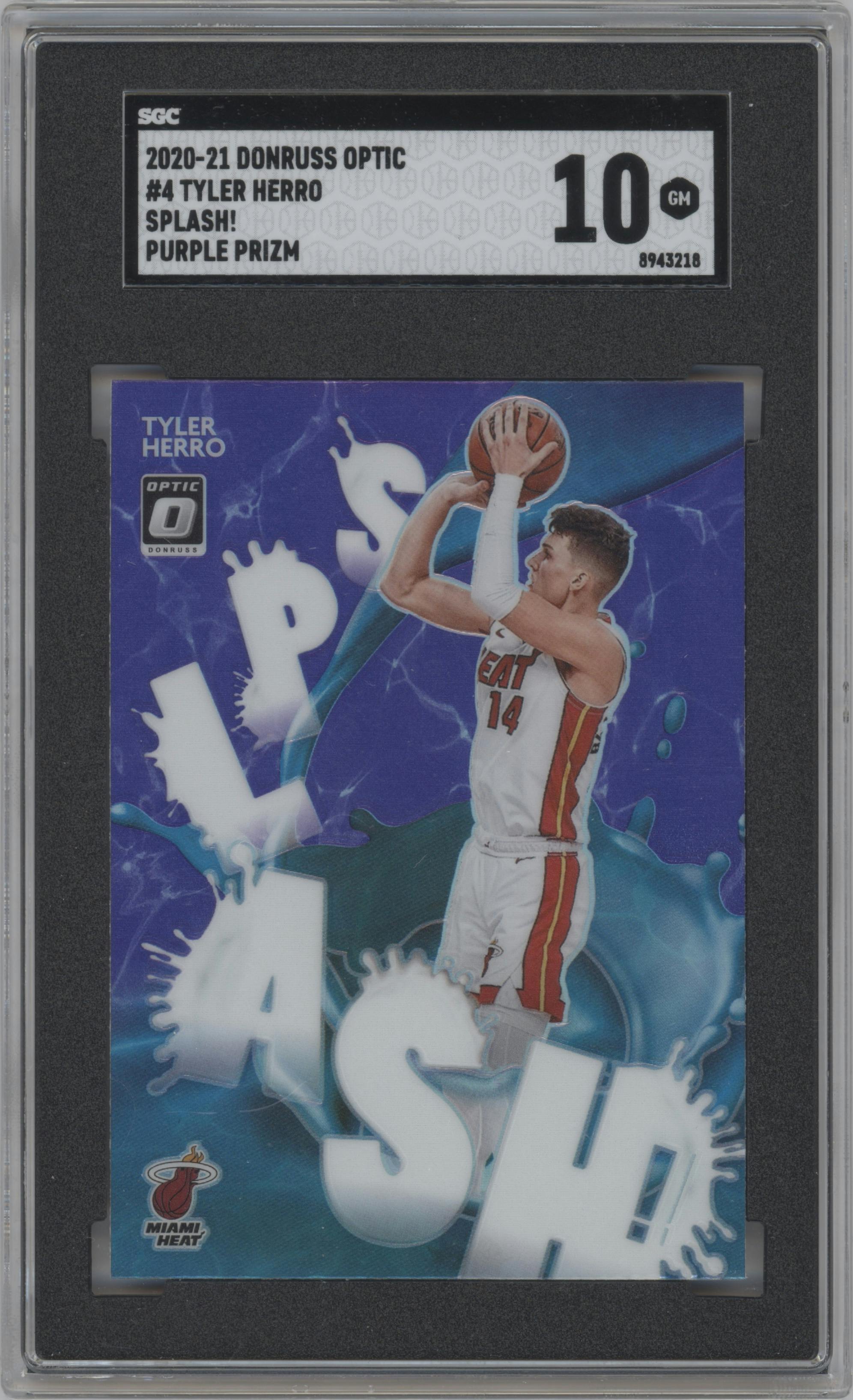 Tyler Herro from the 2020-21 Panini Donruss Optic set featuring a Purple parallel graded by SGC and given an overall grade of 10.