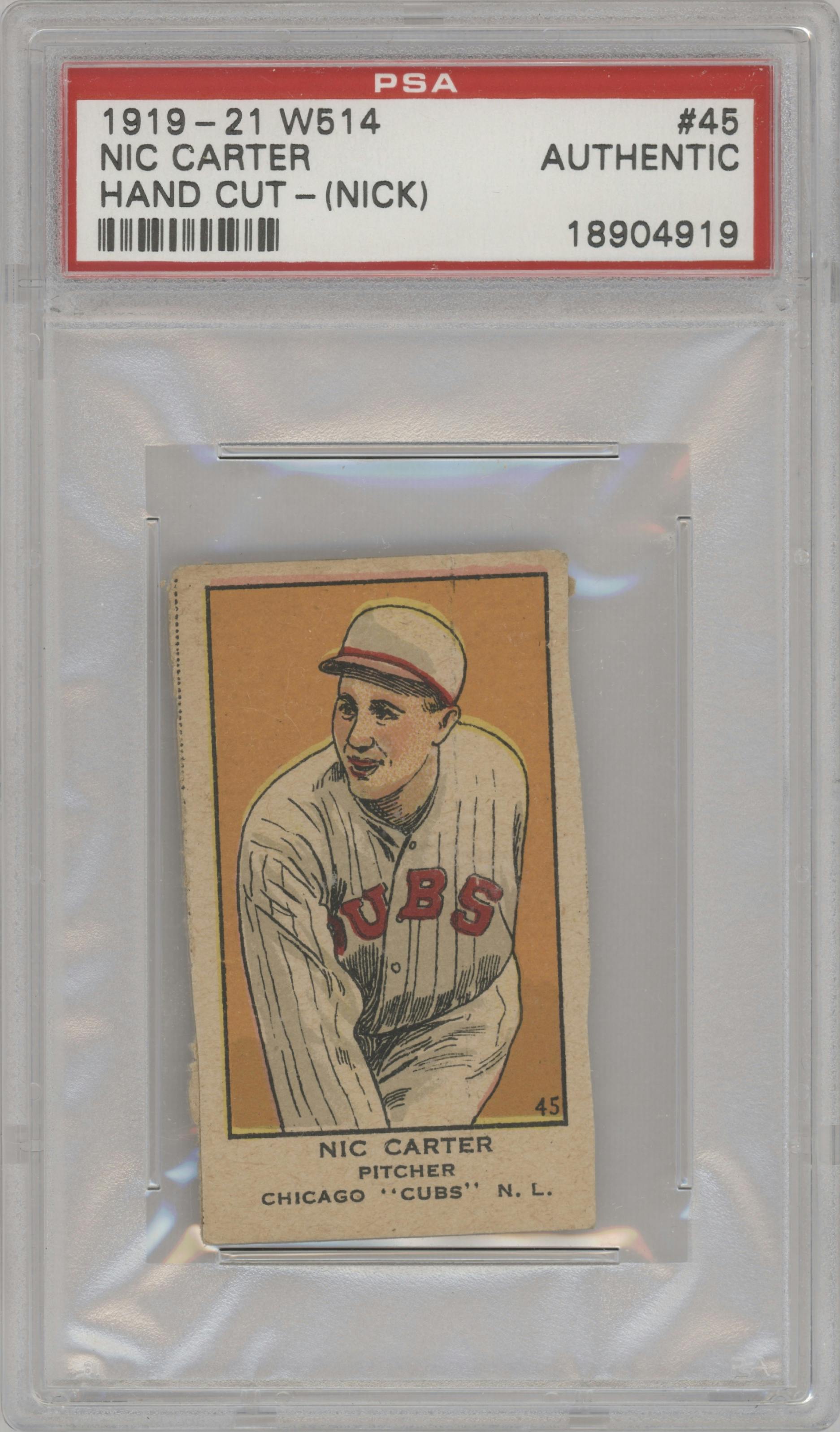 Nic Carter  from the 1919-21 W514 set featuring a Hand Cut parallel graded by PSA.