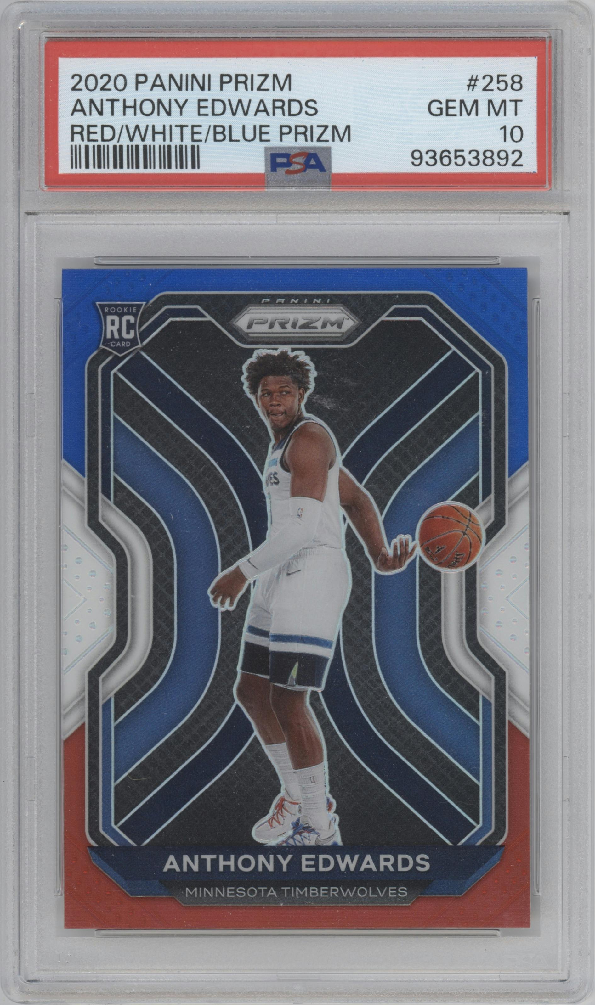Anthony Edwards from the 2020-21 Panini Prizm set featuring a Red/White/Blue Prizm parallel graded by PSA and given an overall grade of 10.
