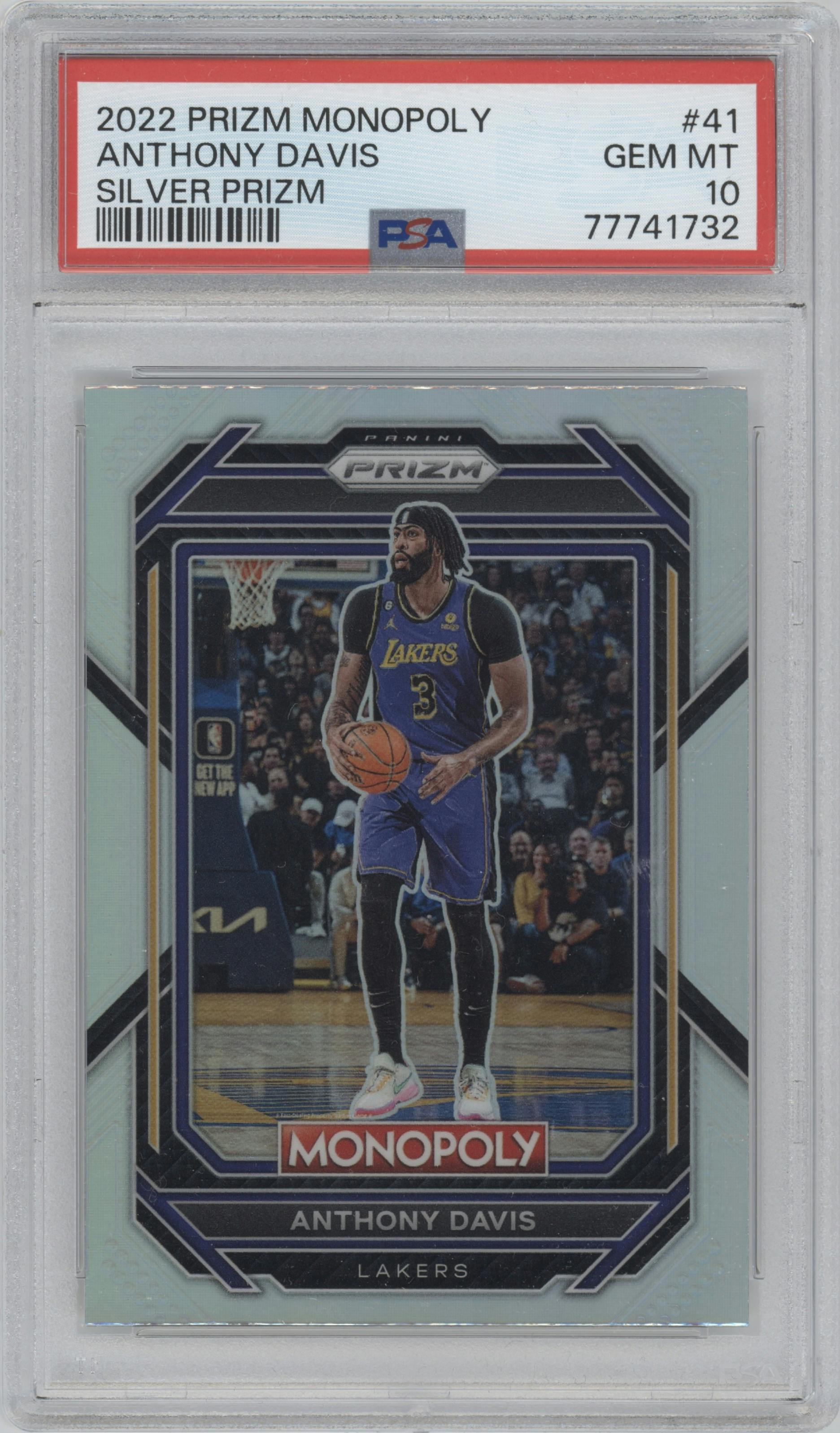 Anthony Davis from the 2022-23 Panini Prizm Monopoly set featuring a Silver Prizm parallel graded by PSA and given an overall grade of 10.
