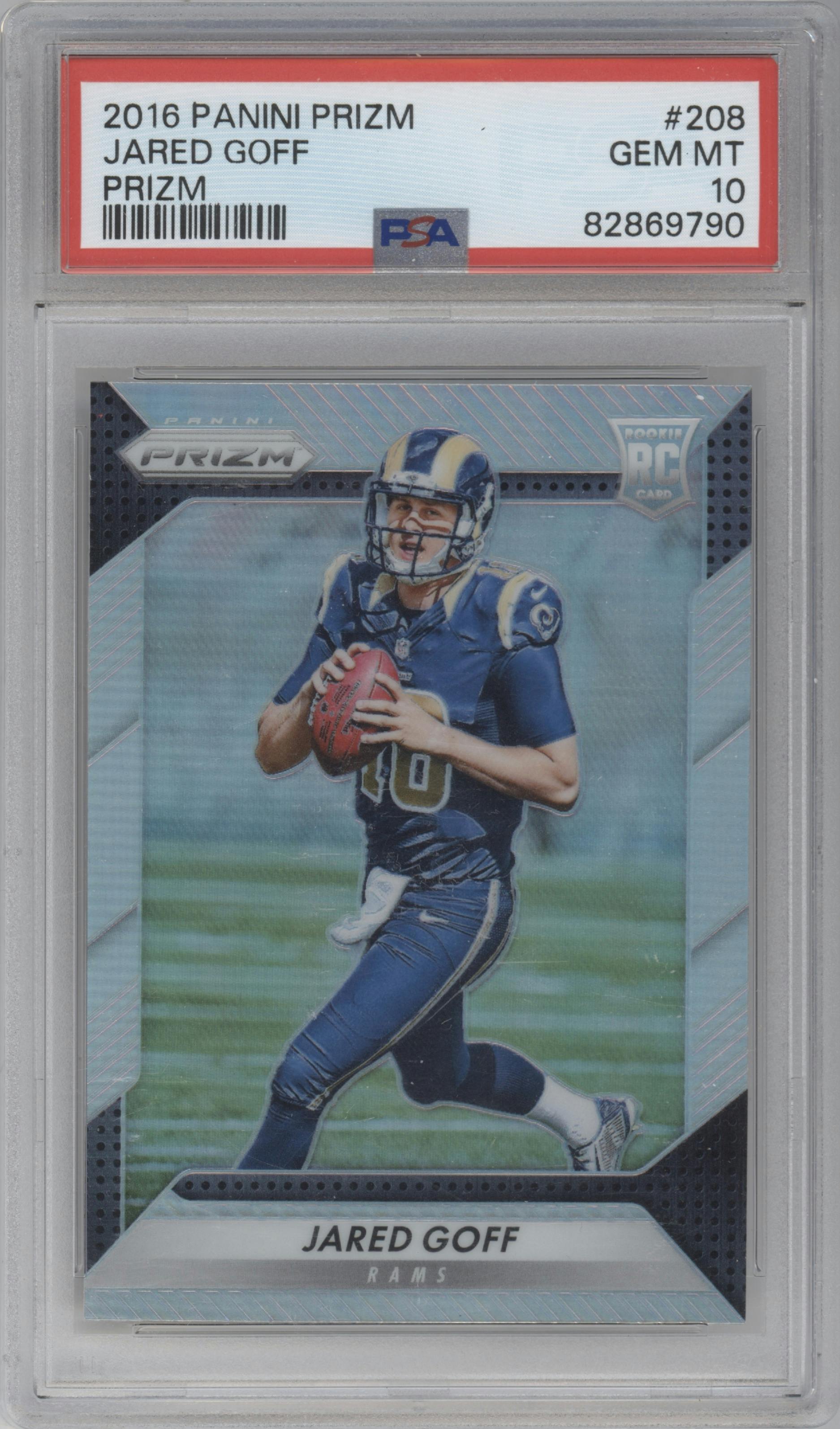 Jared Goff from the 2016 Panini Prizm set featuring a Prizm parallel graded by PSA and given an overall grade of 10.