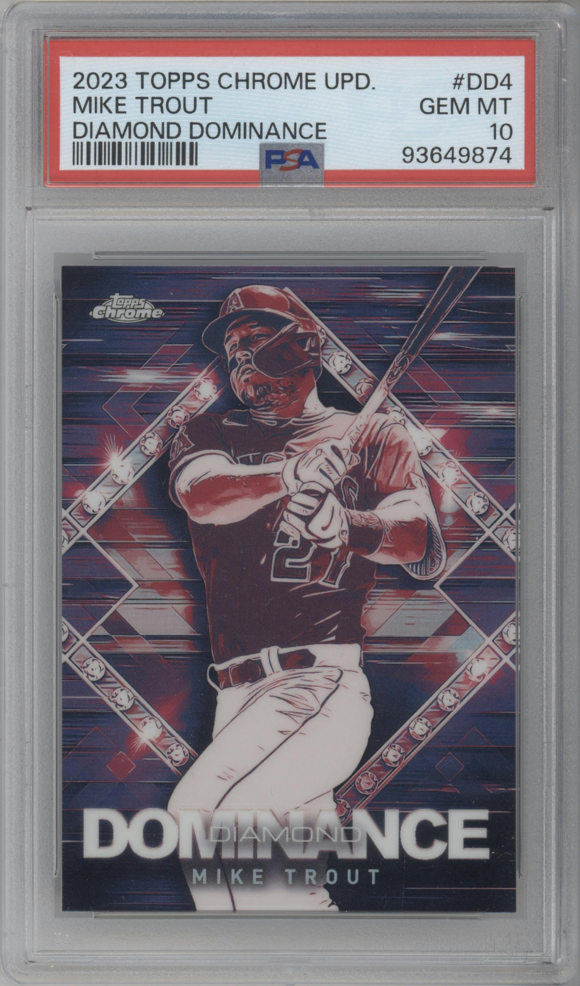 Mike Trout from the 2023 Topps Chrome Update set graded by PSA and given an overall grade of 10.