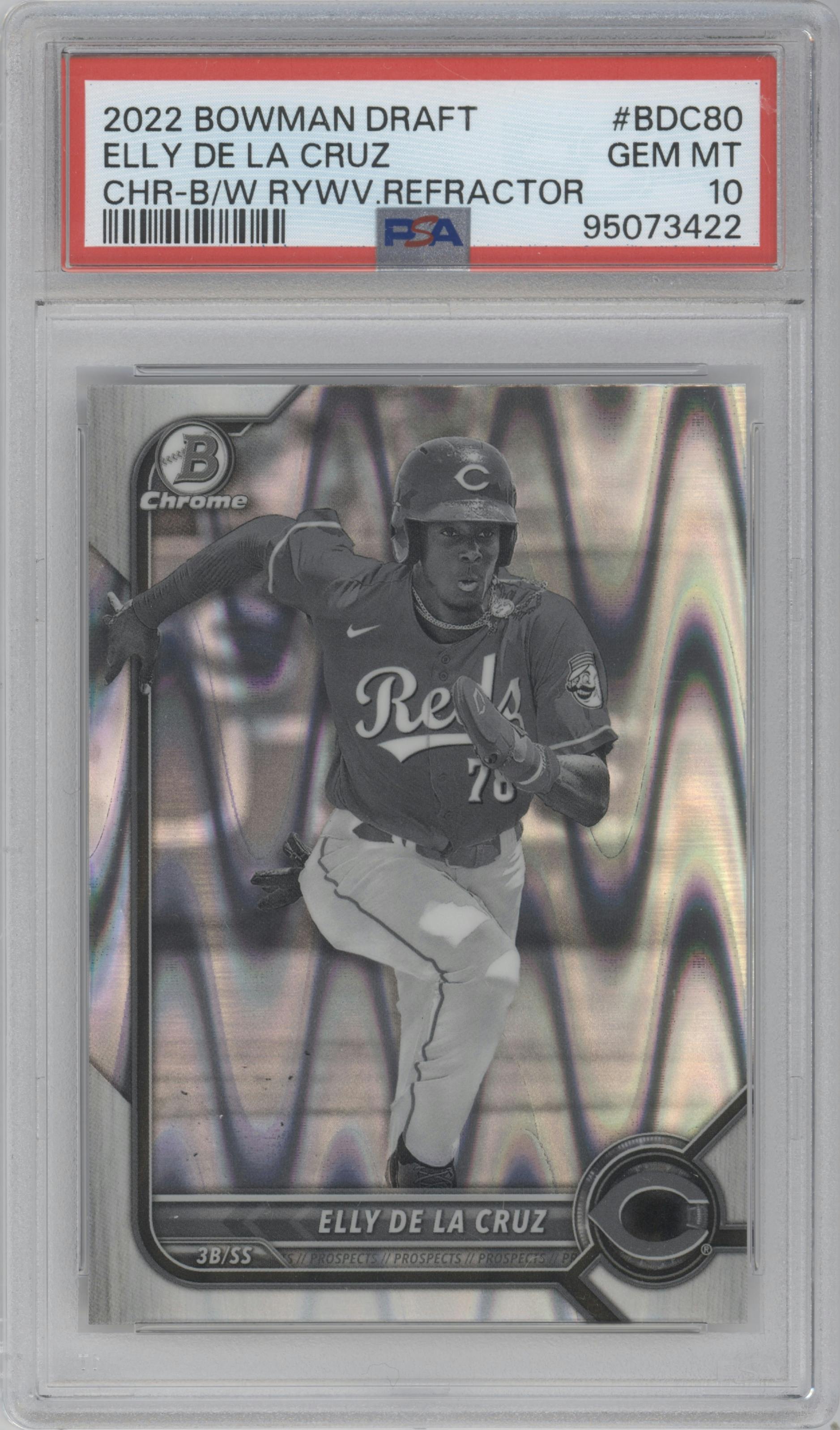 Elly De La Cruz from the 2022 Bowman Draft set featuring a Black & White RayWave Refractor parallel graded by PSA and given an overall grade of 10.
