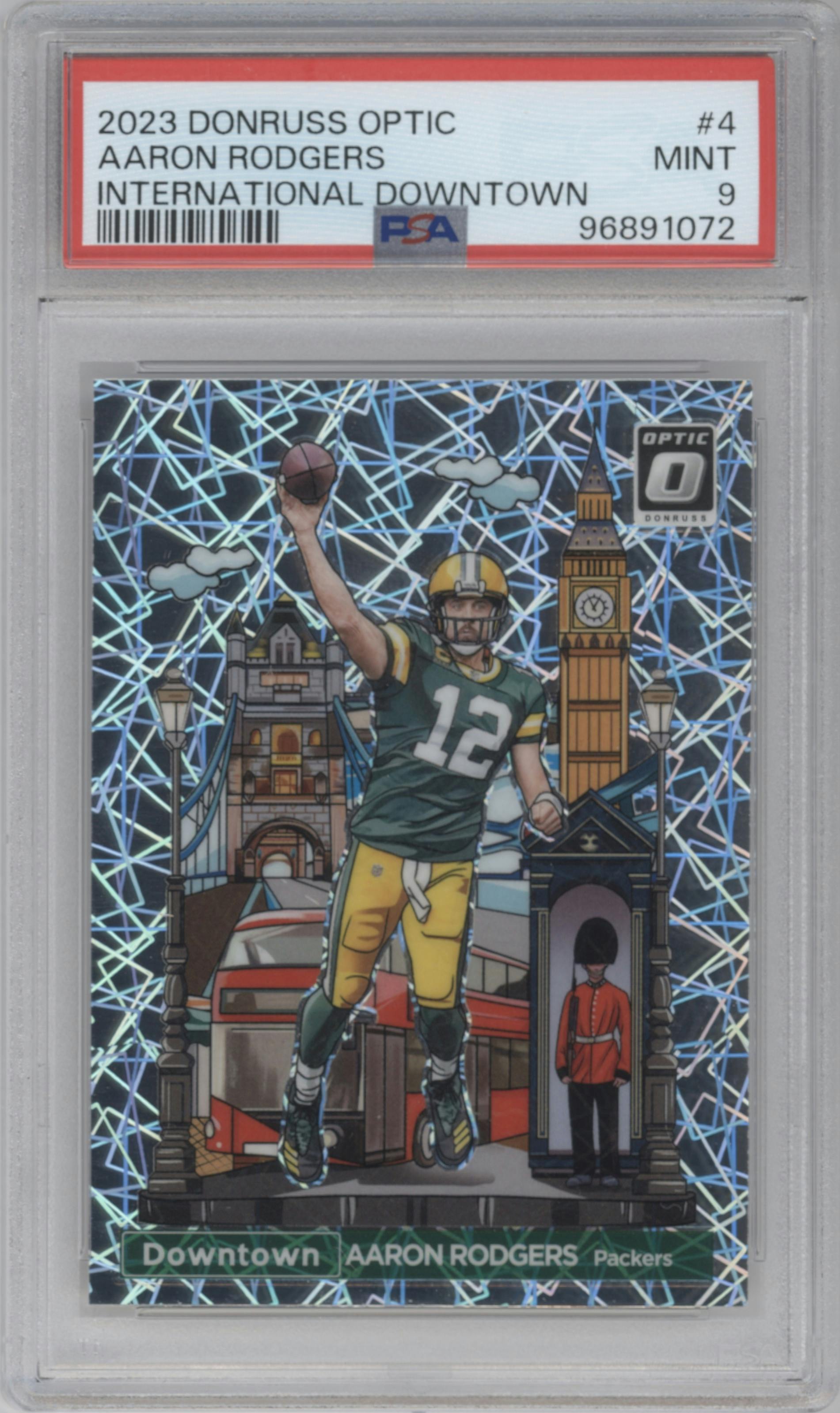 Aaron Rodgers from the 2023 Donruss Optic set graded by PSA and given an overall grade of 9.