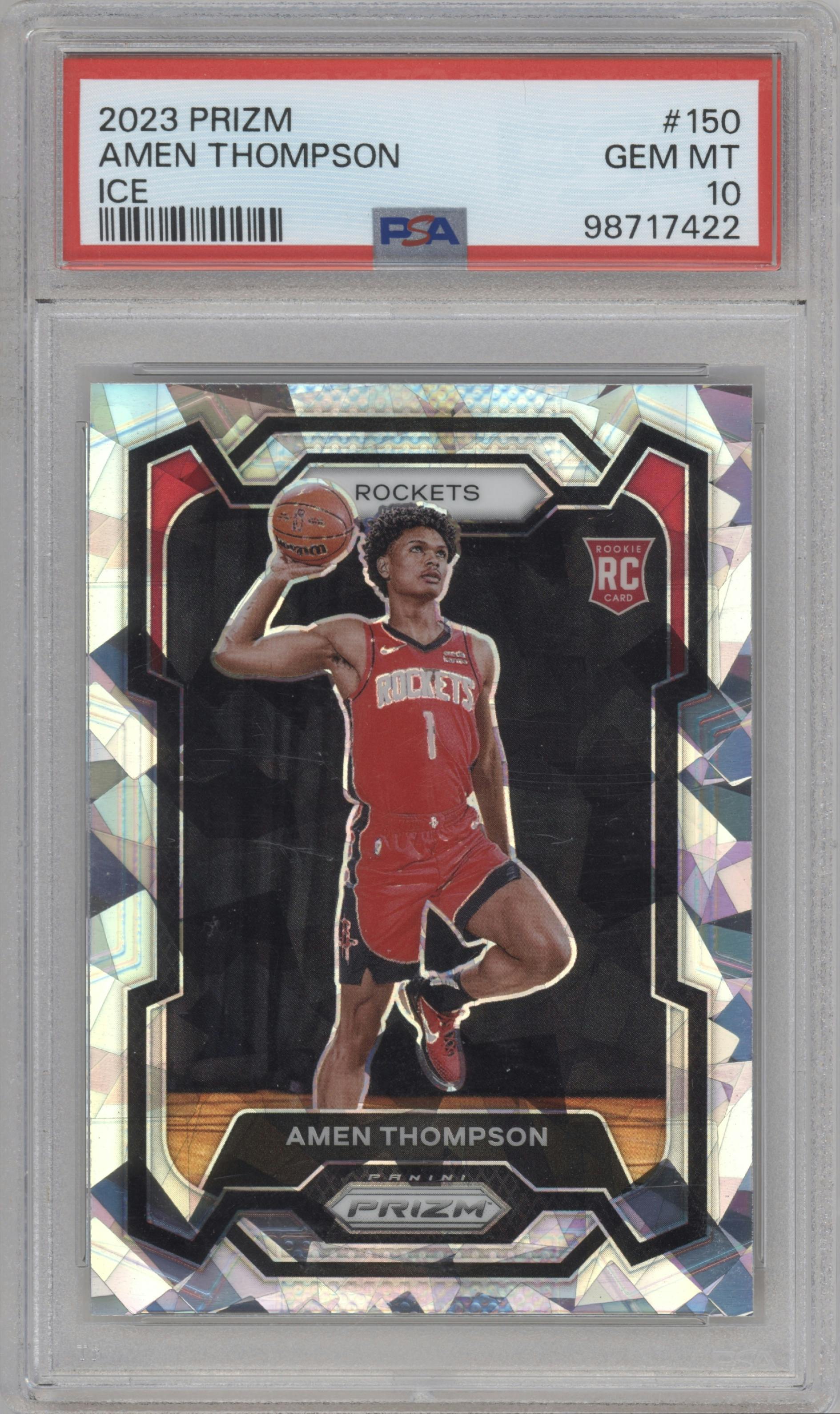 Amen Thompson from the 2023-24 Panini Prizm set featuring a Ice Prizm parallel graded by PSA and given an overall grade of 10.