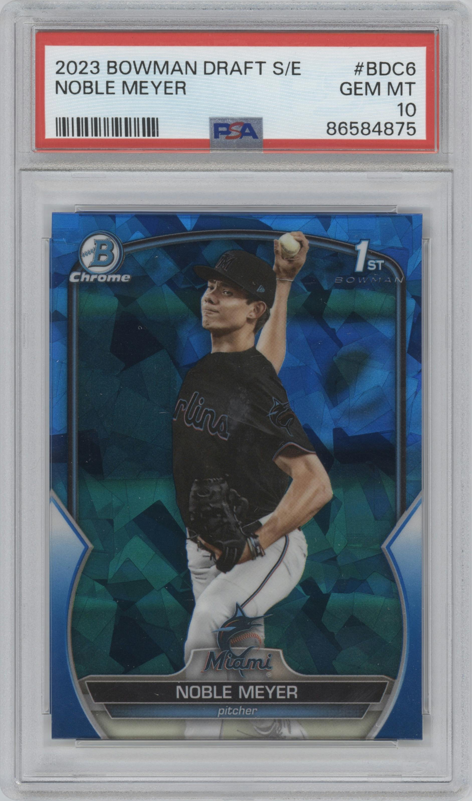 Noble Meyer from the 2023 Bowman Draft Sapphire set graded by PSA and given an overall grade of 10.