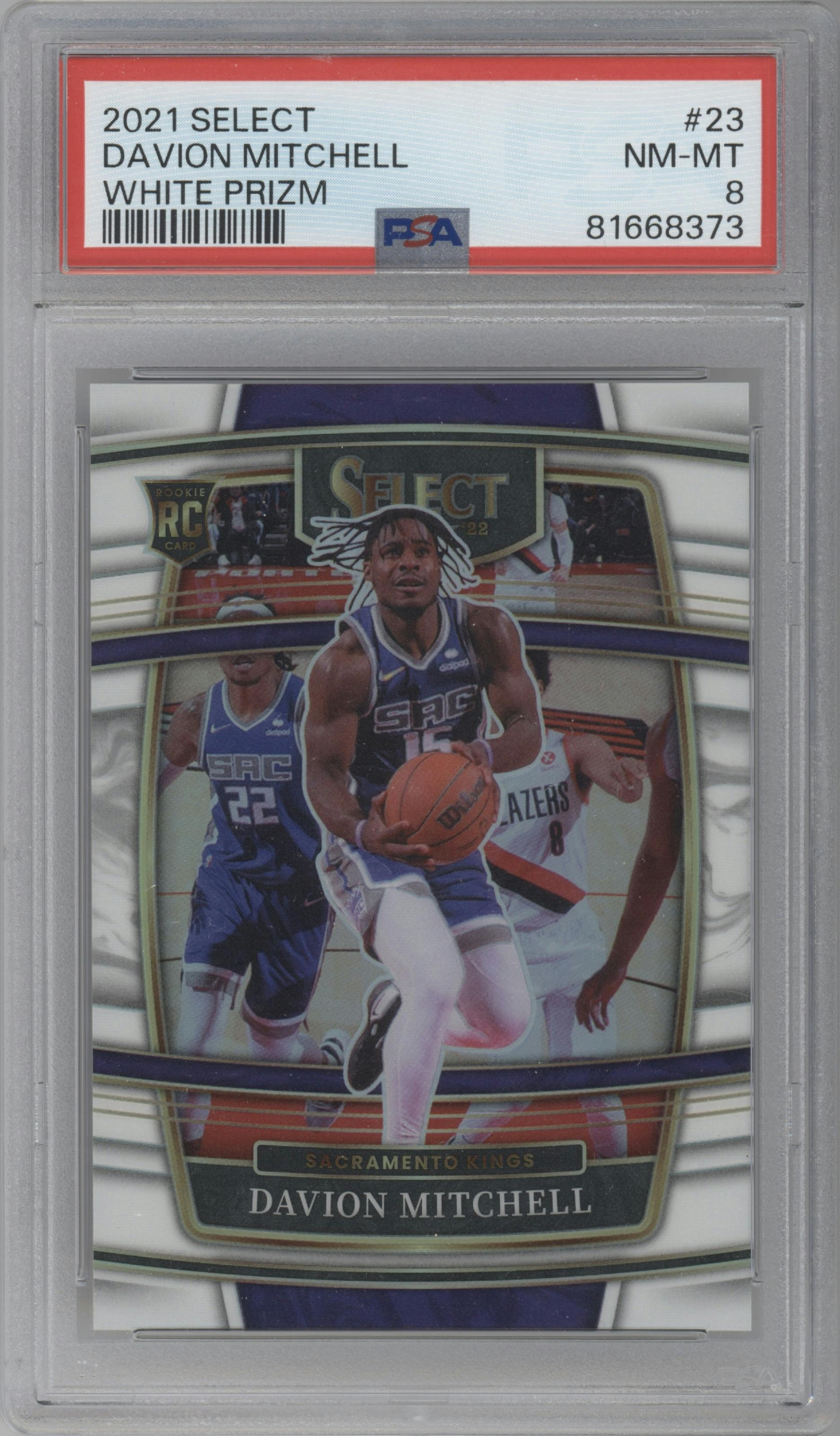Davion Mitchell from the 2021-22 Panini Select set featuring a White Prizm parallel graded by PSA and given an overall grade of 8.