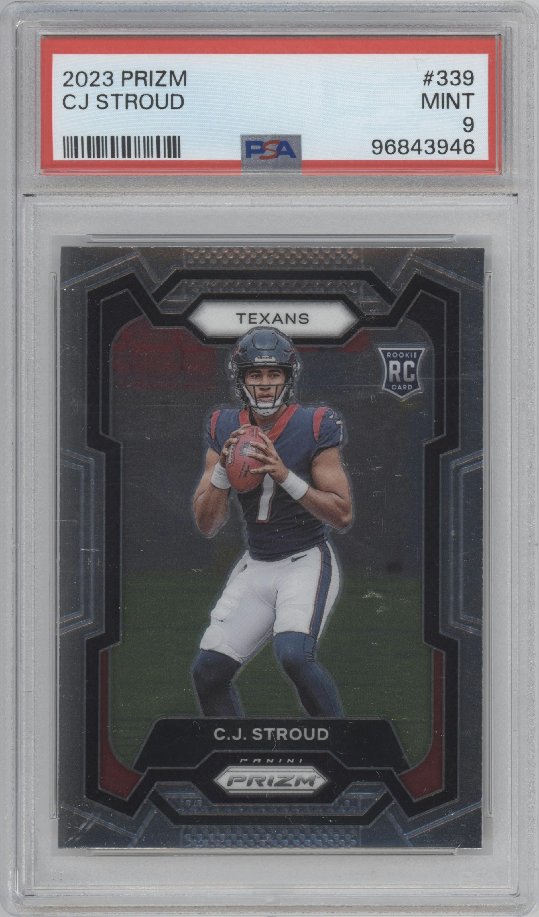 C.J. Stroud from the 2023 Panini Prizm set graded by PSA and given an overall grade of 9.