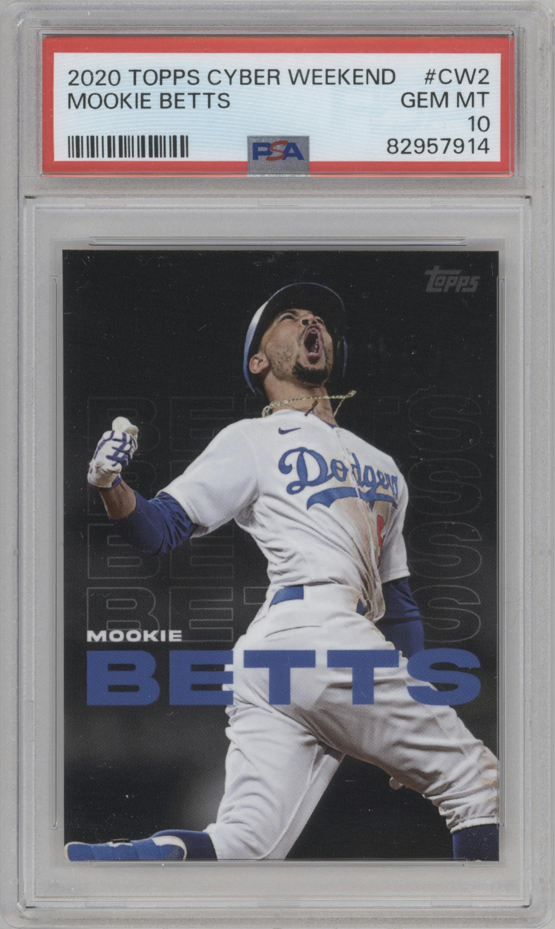 Mookie Betts from the 2020 Topps Cyber Weekend set graded by PSA and given an overall grade of 10.