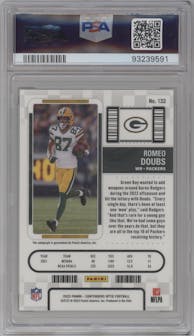 Romeo Doubs from the 2022 Panini Contenders Optic set graded by PSA and given an overall grade of 9.