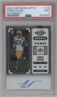 Romeo Doubs from the 2022 Panini Contenders Optic set graded by PSA and given an overall grade of 9.