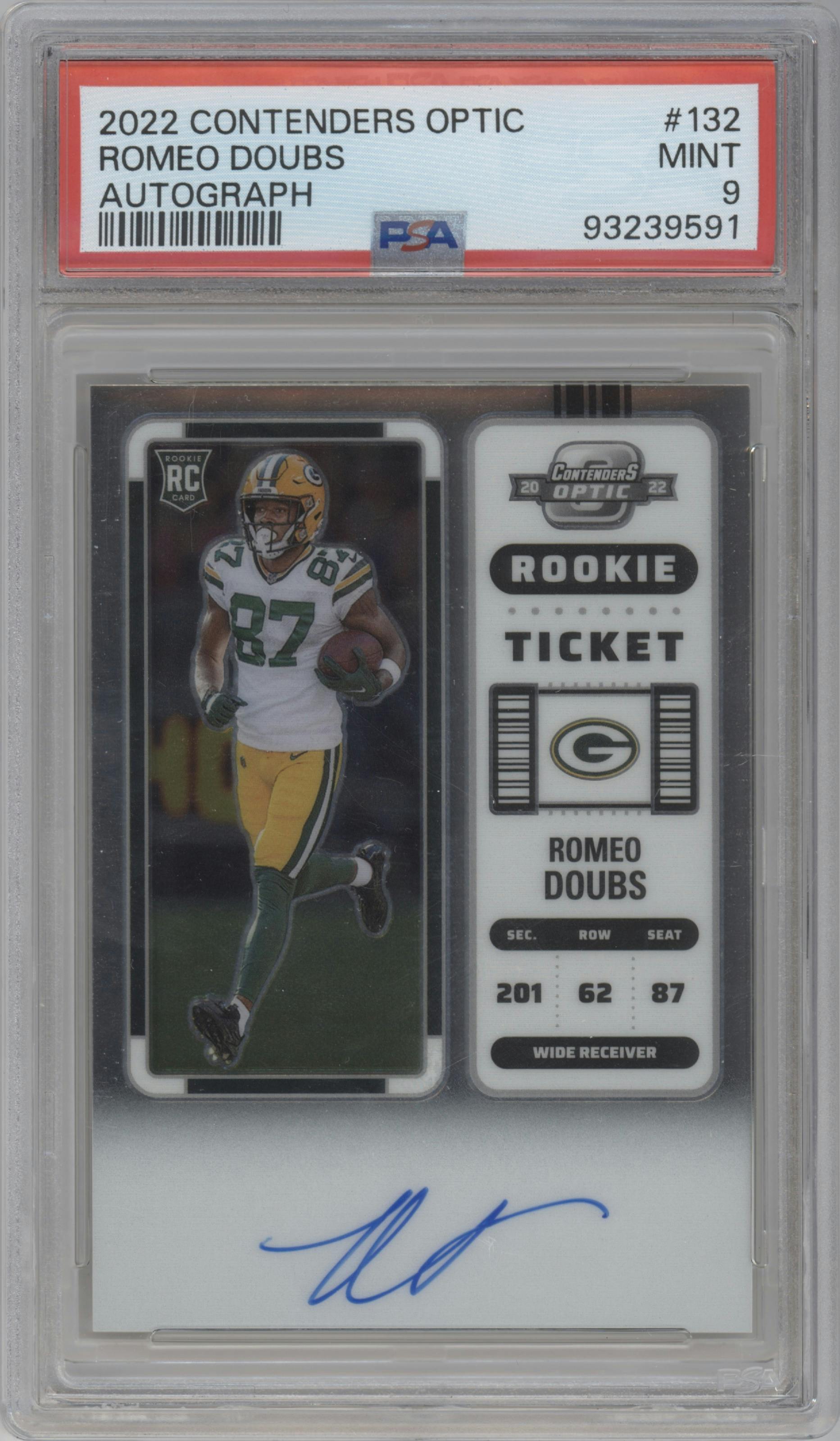 Romeo Doubs from the 2022 Panini Contenders Optic set graded by PSA and given an overall grade of 9.