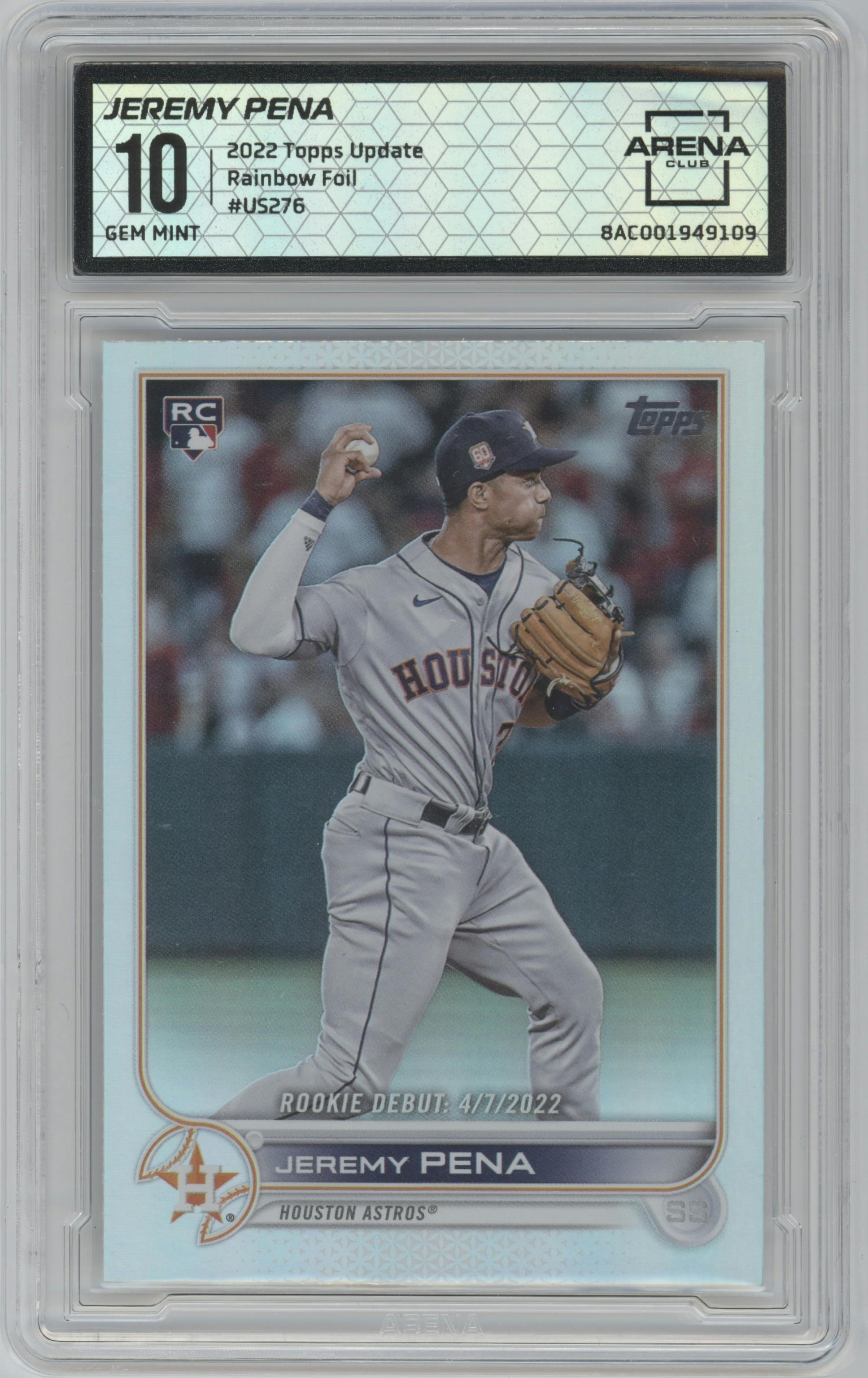 Jeremy Pena from the 2022 Topps Update  set featuring a Rainbow Foil parallel graded by Arena Club and given an overall grade of 10.