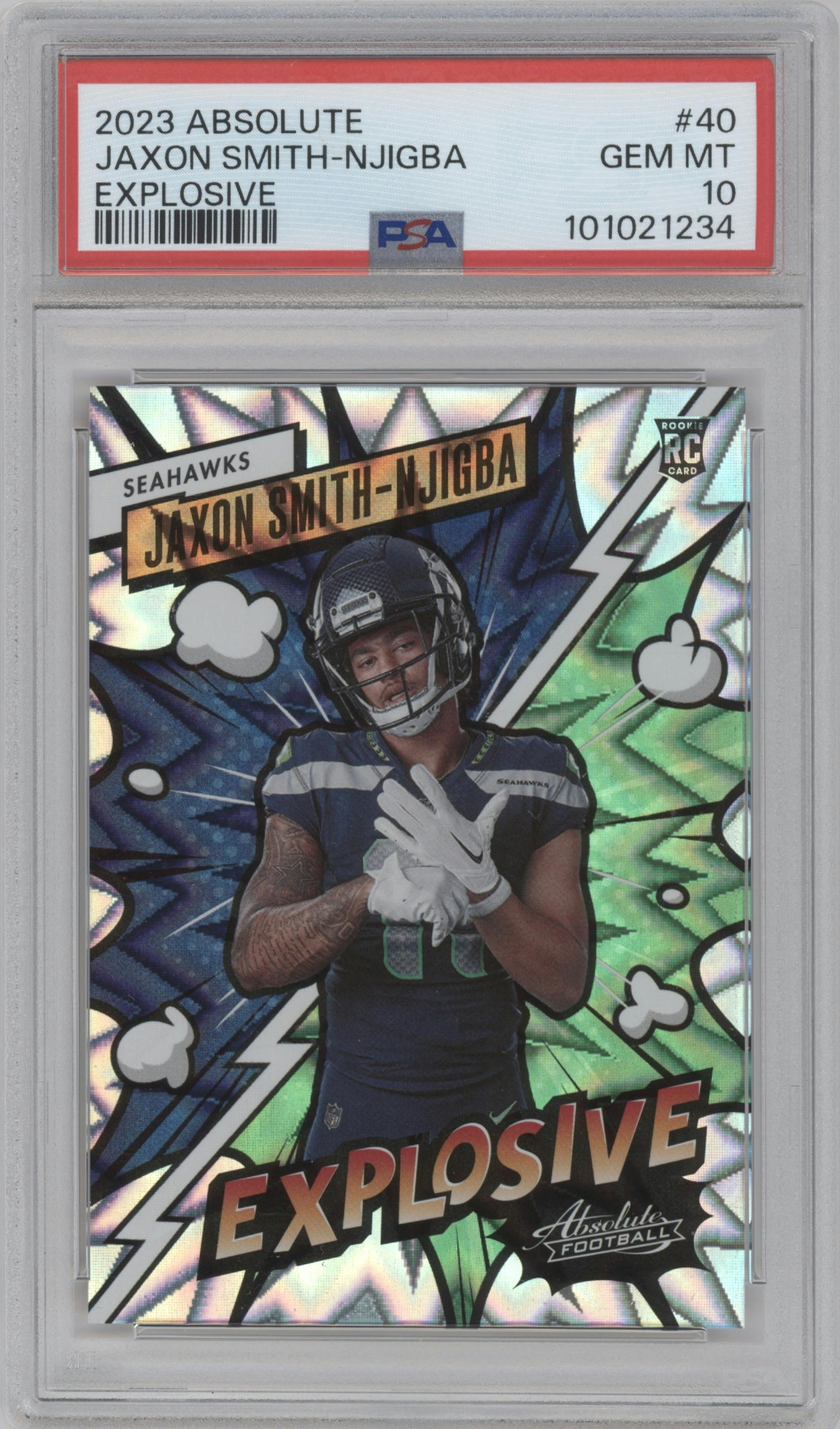 Jaxon Smith-Njigba from the 2023 Panini Absolute set graded by PSA and given an overall grade of 10.