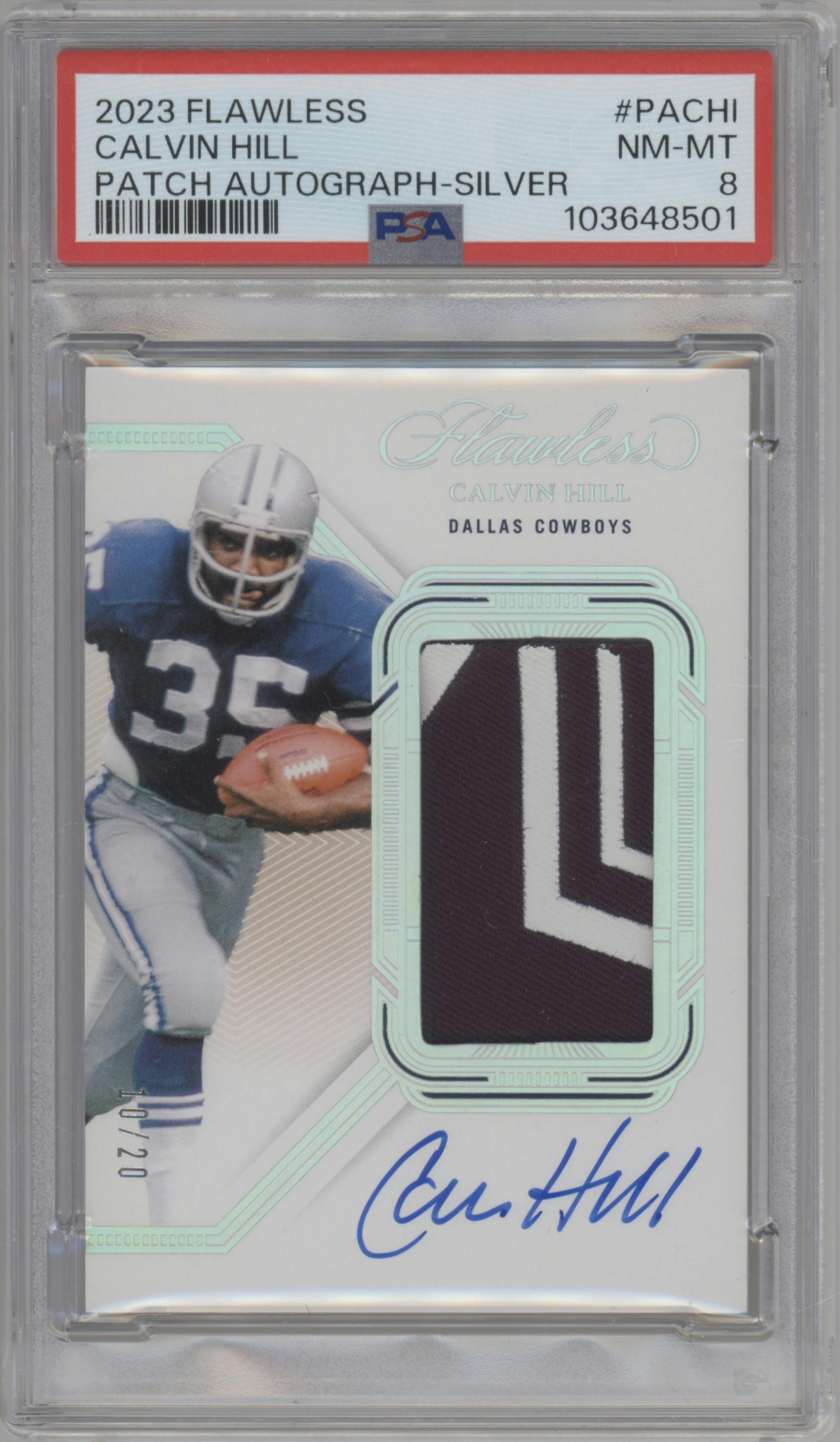 Calvin Hill from the 2023 Panini Flawless set featuring a Silver parallel graded by PSA and given an overall grade of 8.