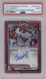 Kyle Henley from the 2024 Bowman Chrome set featuring a Red Shimmer Refractor parallel graded by PSA and given an overall grade of 9.