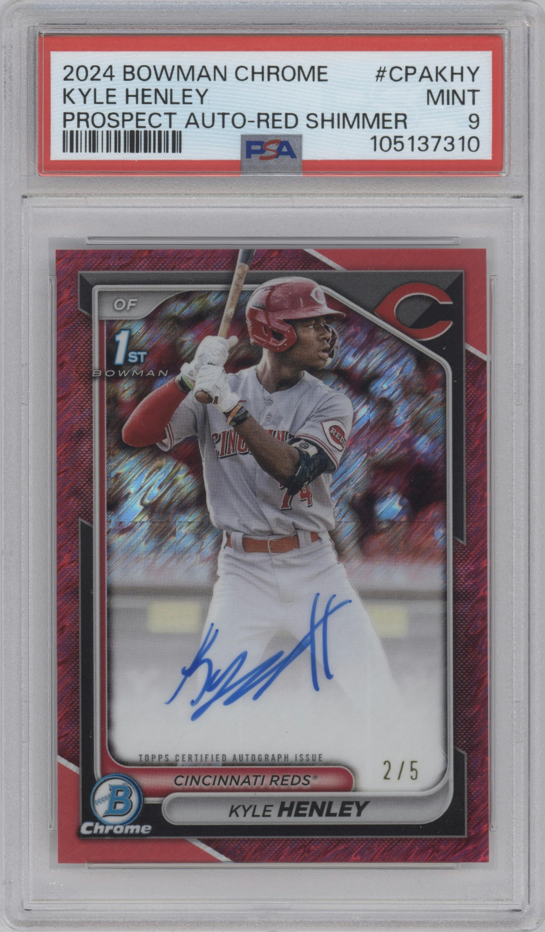 Kyle Henley from the 2024 Bowman Chrome set featuring a Red Shimmer Refractor parallel graded by PSA and given an overall grade of 9.