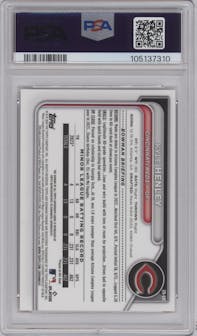 Kyle Henley from the 2024 Bowman Chrome set featuring a Red Shimmer Refractor parallel graded by PSA and given an overall grade of 9.