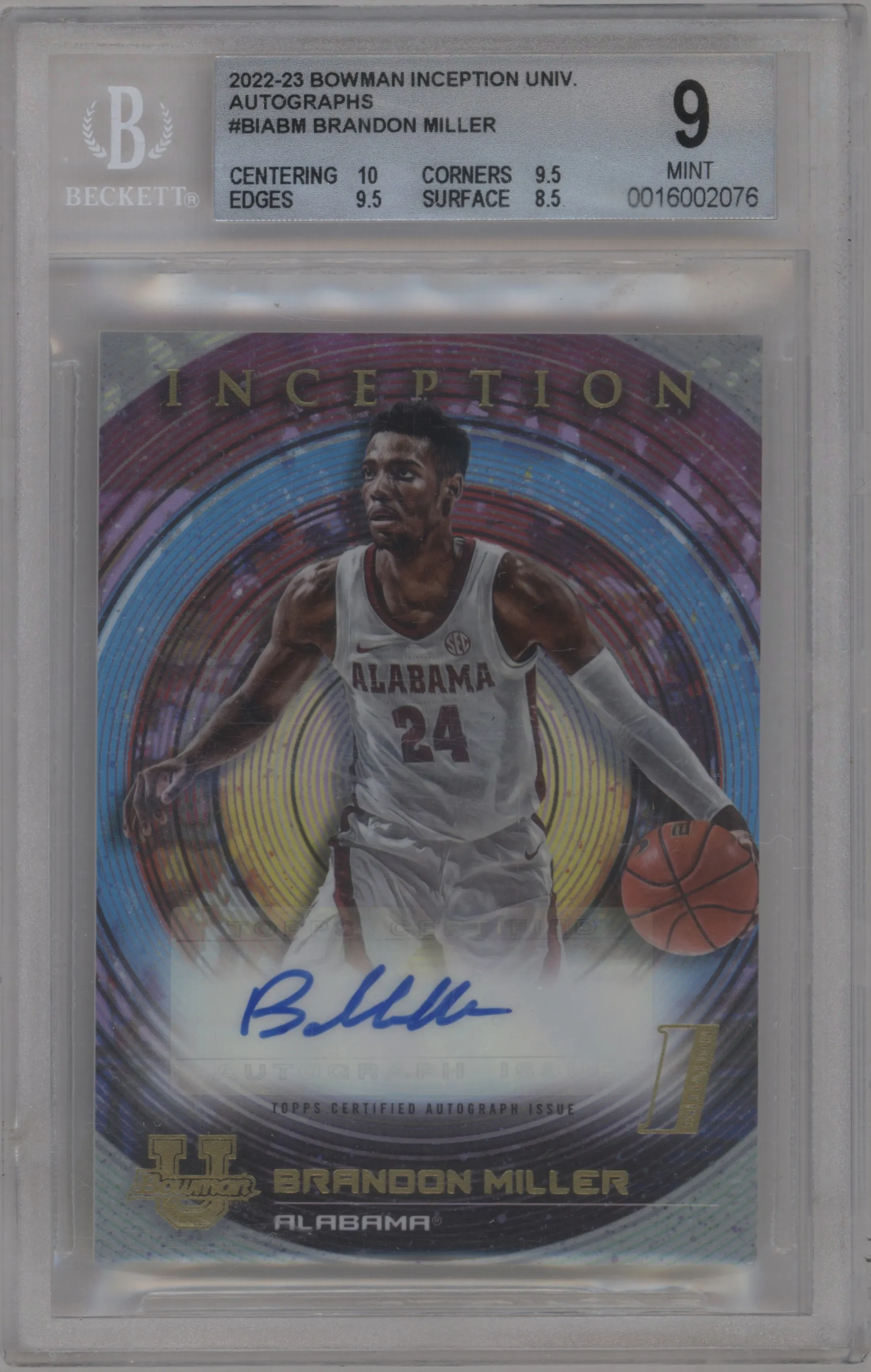 2022 Bowman University Inception Auto Brandon Miller #BIA-BM BGS 9